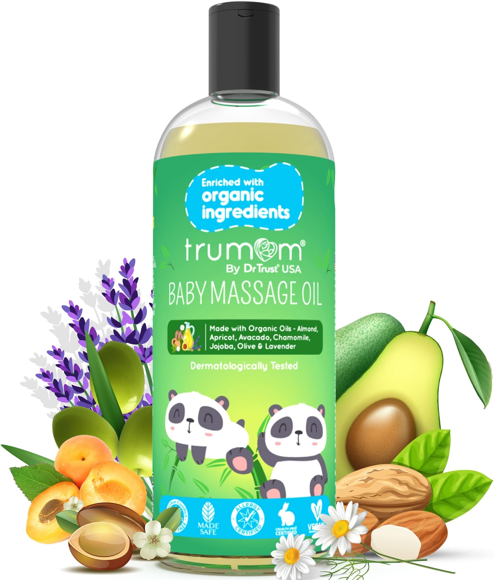 Trumom USA ORGANIC Baby Massage Oil with almond, Apricot, Avocado, Chamomile, Jojoba, Olive and Lavender-100 ml, Moisturising & Safe For Soft & Smooth Skin Protection & Nourishment +Healthy Baby (Age:1 Month & Above)