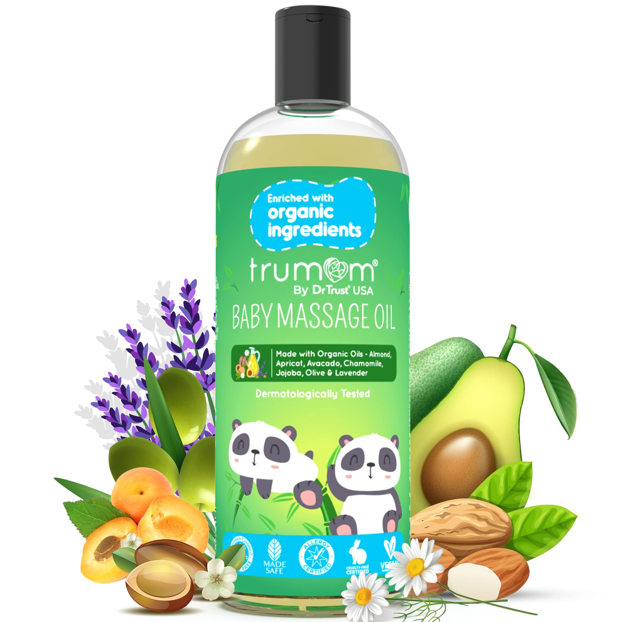 Trumom USA ORGANIC Baby Massage Oil with almond, Apricot, Avocado, Chamomile, Jojoba, Olive and Lavender-100 ml, Moisturising & Safe For Soft & Smooth Skin Protection & Nourishment +Healthy Baby (Age:1 Month & Above)