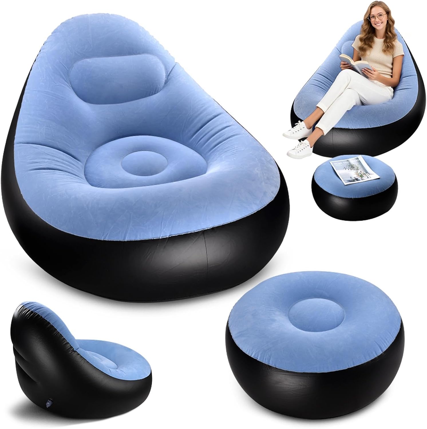 Inflatable Lounge Chair for Adults, Portable Folding Inflatable Blow Up Couch with Foot Stool, Lazy Flocking Recliner Chair Air Sofa for Indoor Outdoor Travel Camping (No Pump)(Light Blue)