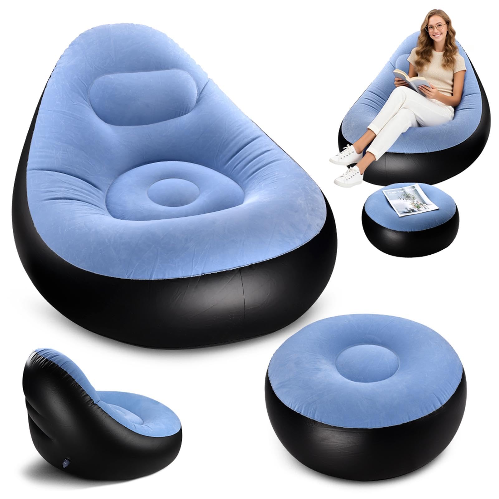 Inflatable Lounge Chair for Adults, Portable Folding Inflatable Blow Up  Couch with Foot Stool, Lazy Flocking Recliner Chair Air Sofa for Indoor