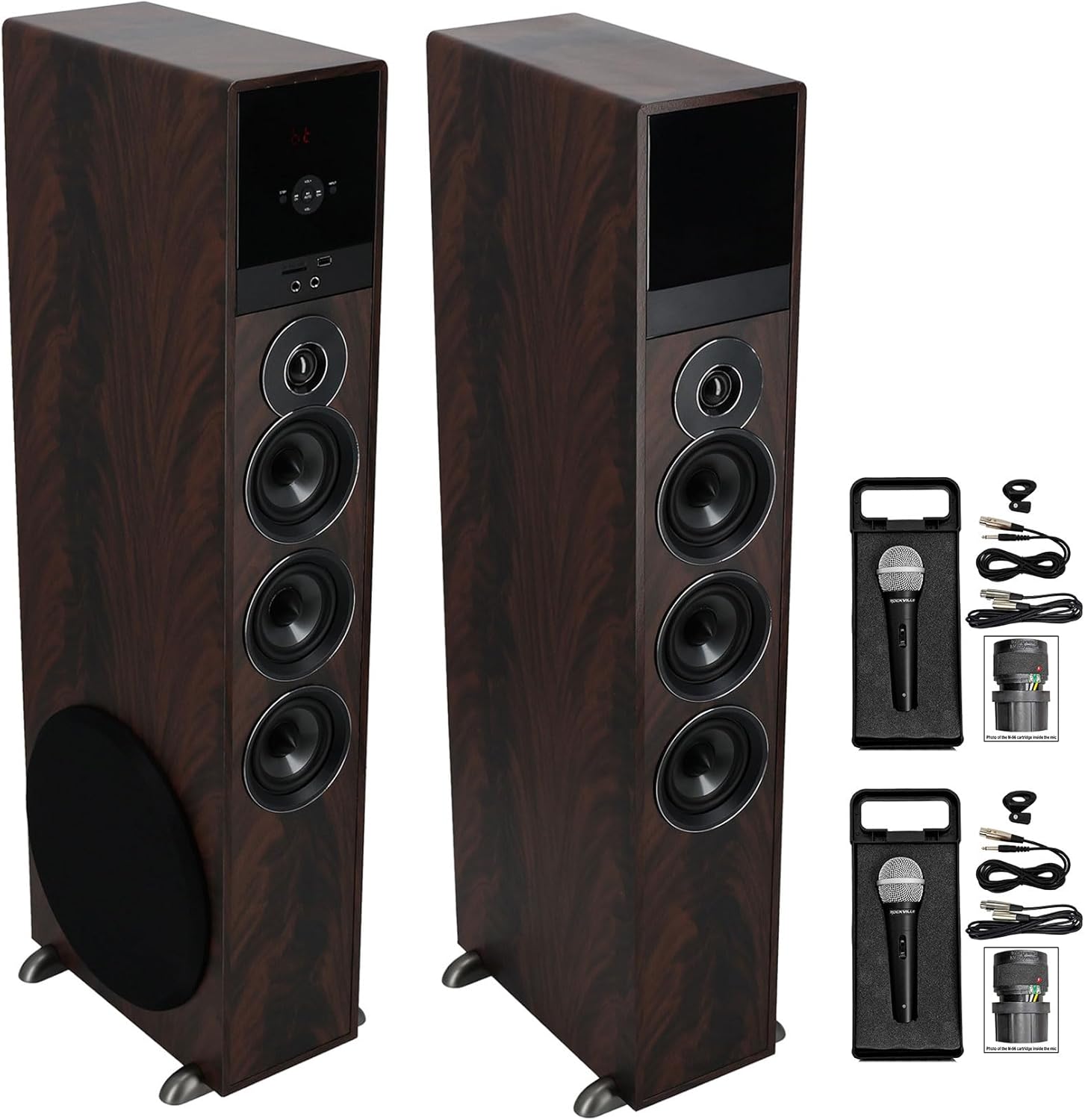 Rockville Bundle: TM150D Dark Wood Powered Home Theater Tower Speakers 10" Sub/Bluetooth Bundle with (2) RMC-XLR High-End Metal DJ Handheld Wired Microphone Mic w (2) Cables (3 Items)