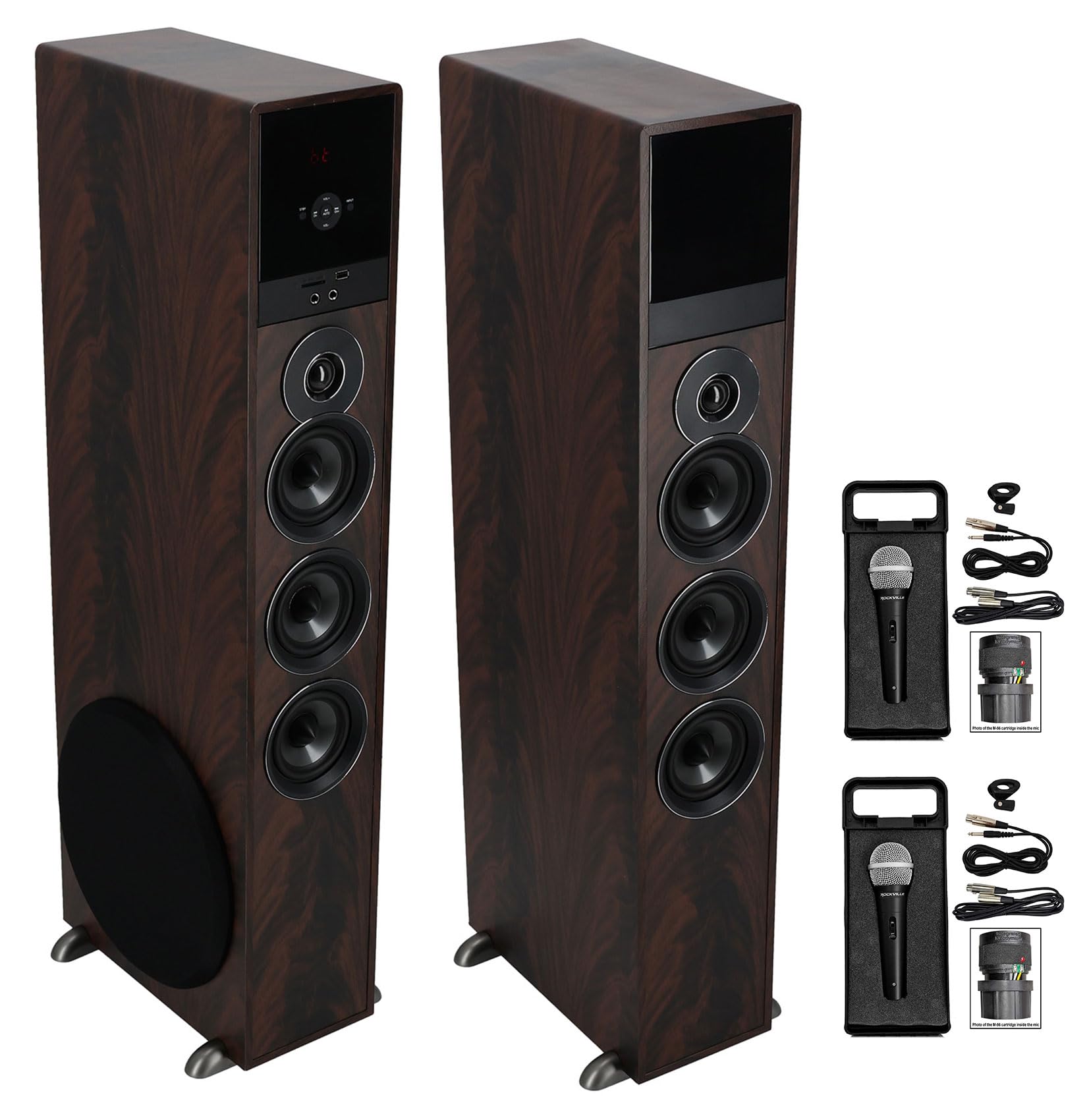 Rockville Bundle: TM150D Dark Wood Powered Home Theater Tower Speakers 10