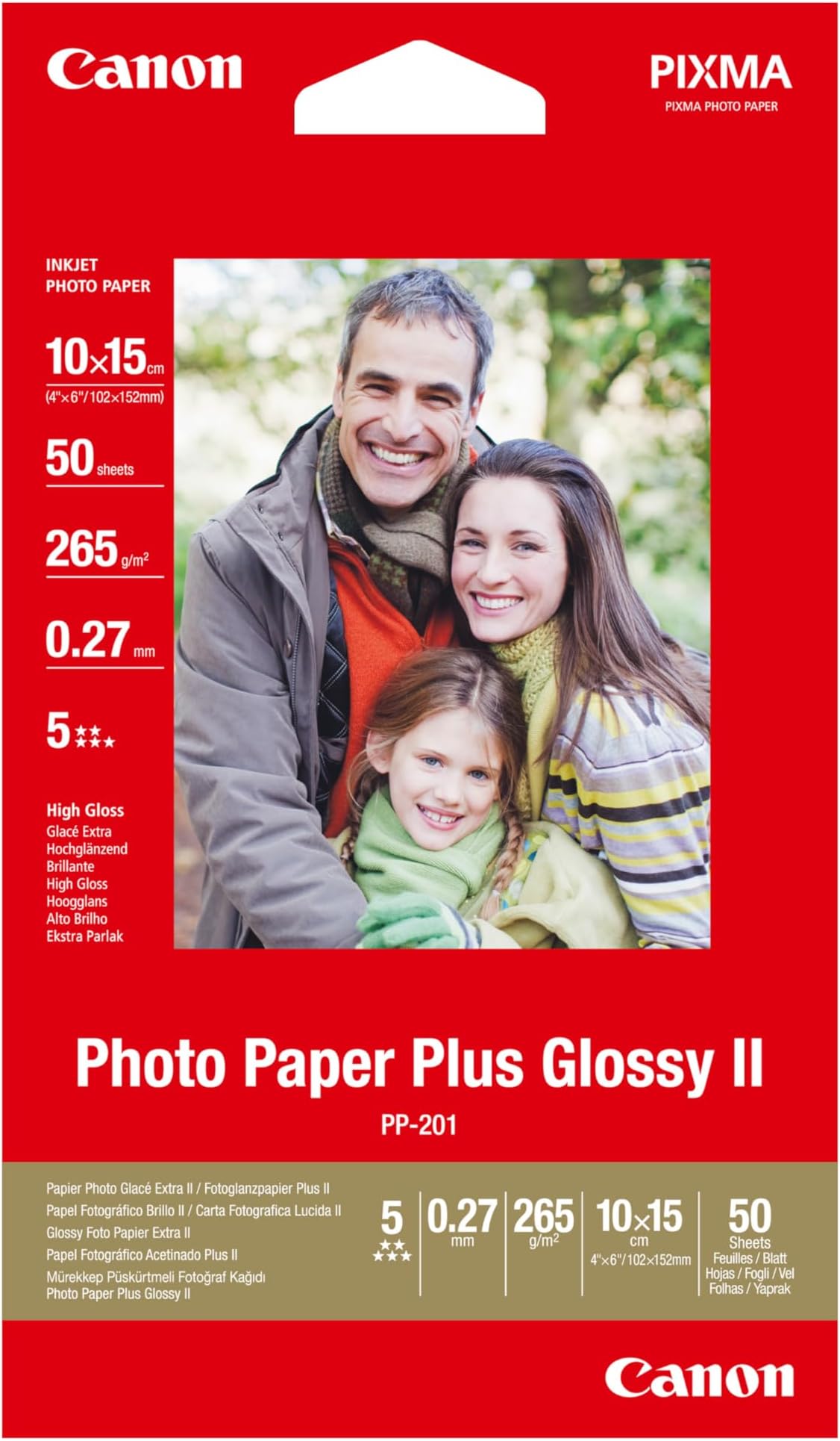 Photo Paper PP-201 Glossy - 10 x 15 cm 50 Sheets for Inkjet Printers - PIXMA Printer (265 g/m²) 2311B003 Red