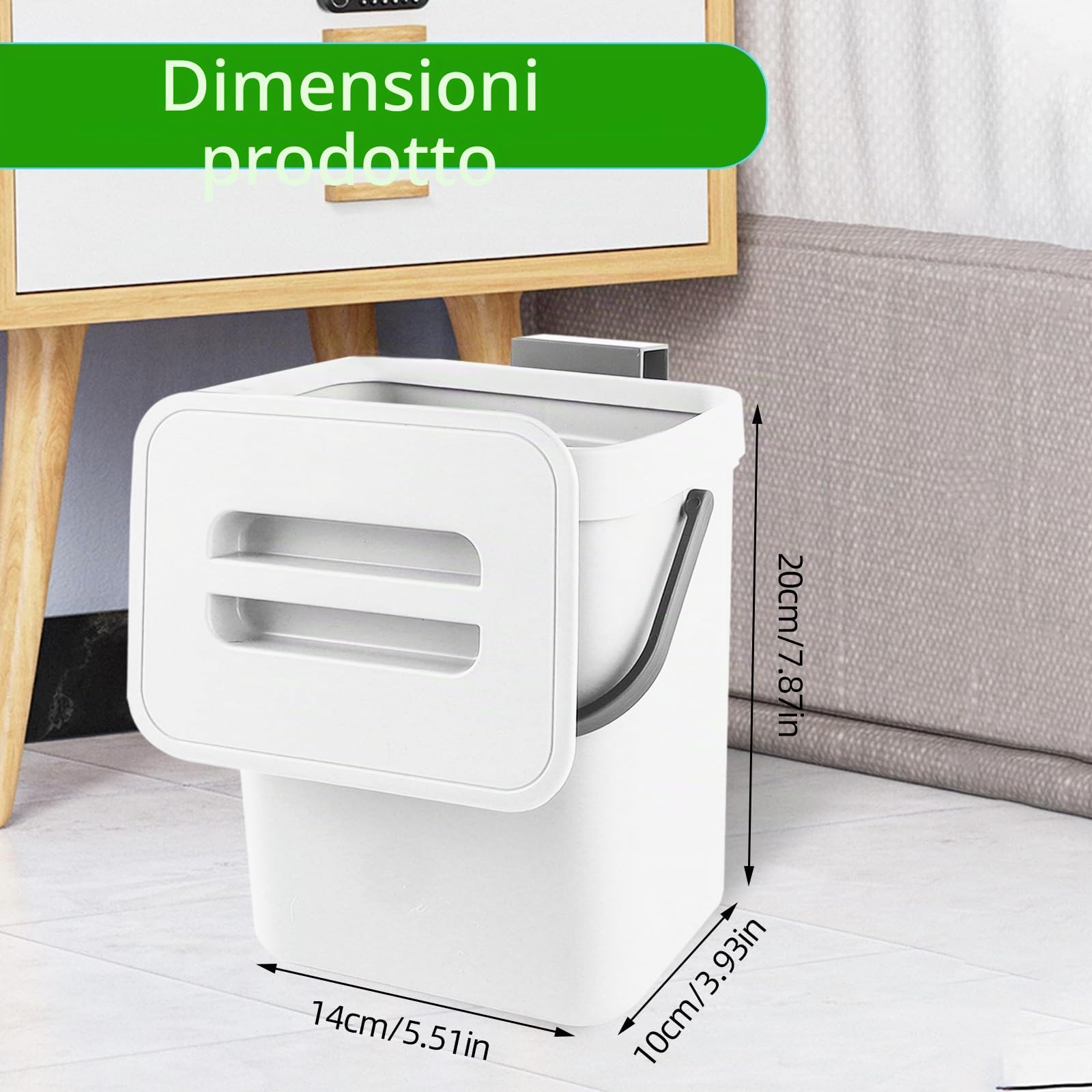 Secchio da Compost da Cucina Piccolo, Bidone della Spazzatura da Appendere, Biometro, Pattumiera per Piano di Lavoro, Contenitore con Coperchio, Compostiera, per Interni, 3 L, Bianco