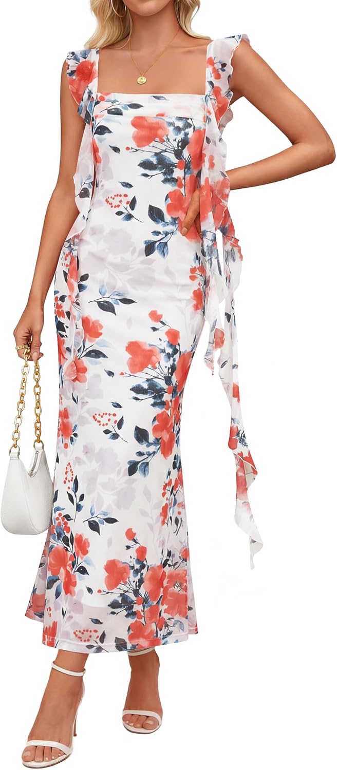 ZESICA Women's Summer Floral Maxi Dress 2026 Boho Sleeveless Square Neck Bodycon Mesh Wedding Guest Vacation Dresses