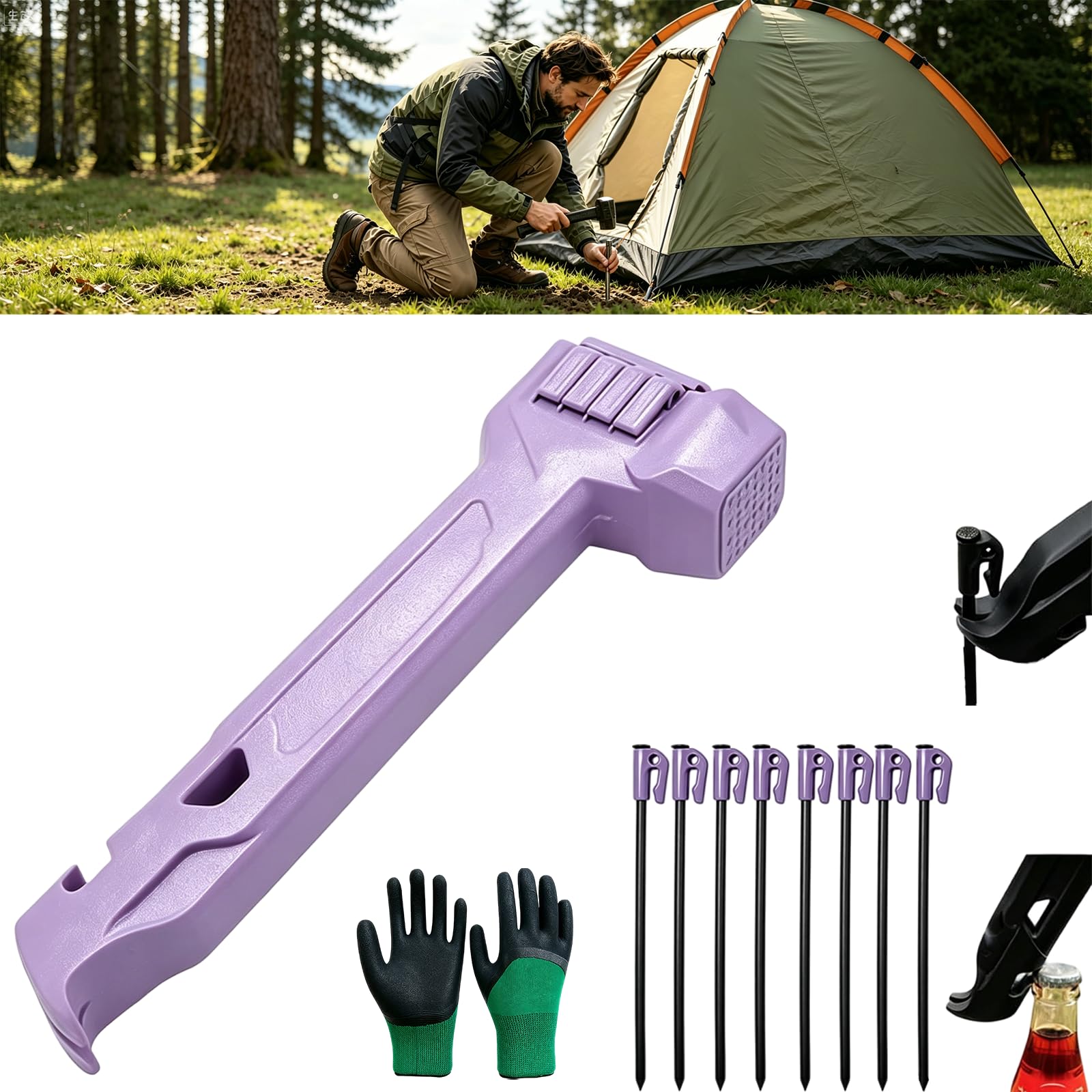 Camping Hammer with 8 Pegs, Heavy-Duty Camping Mallet for Tent Stakes with Peg Puller, Bottle Opener, Storage Handle &amp; Textured Striking Head for Hiking Backpacking (Purple)