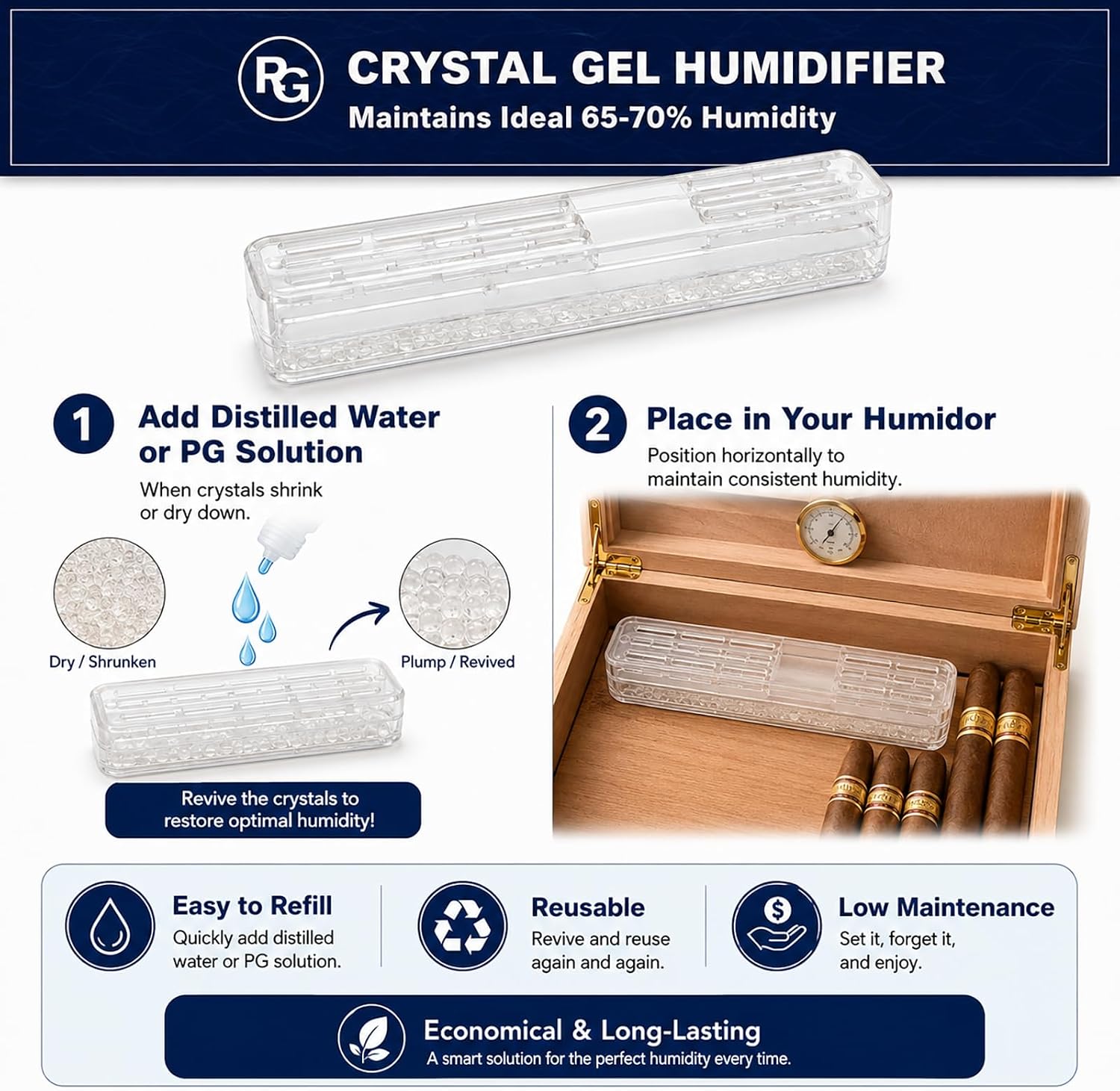 Cigar Humidifier, Crystal Gel Rectangle Humidor Humidifier for Cigar Boxes, Maintains 65-70% Ideal Humidity, Premium Transparent Cigar Accessories