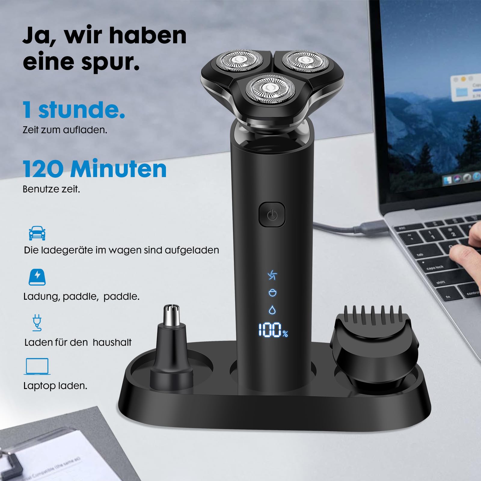 Rasierer Herren Elektrisch, 2026 verbesserter männlicher Bartschneider, wasserdichter Nass- / Trockenrasierer, aufladbarer Elektrorasierer für Männer mit LED-Anzeige, USB-C-Schnelladung