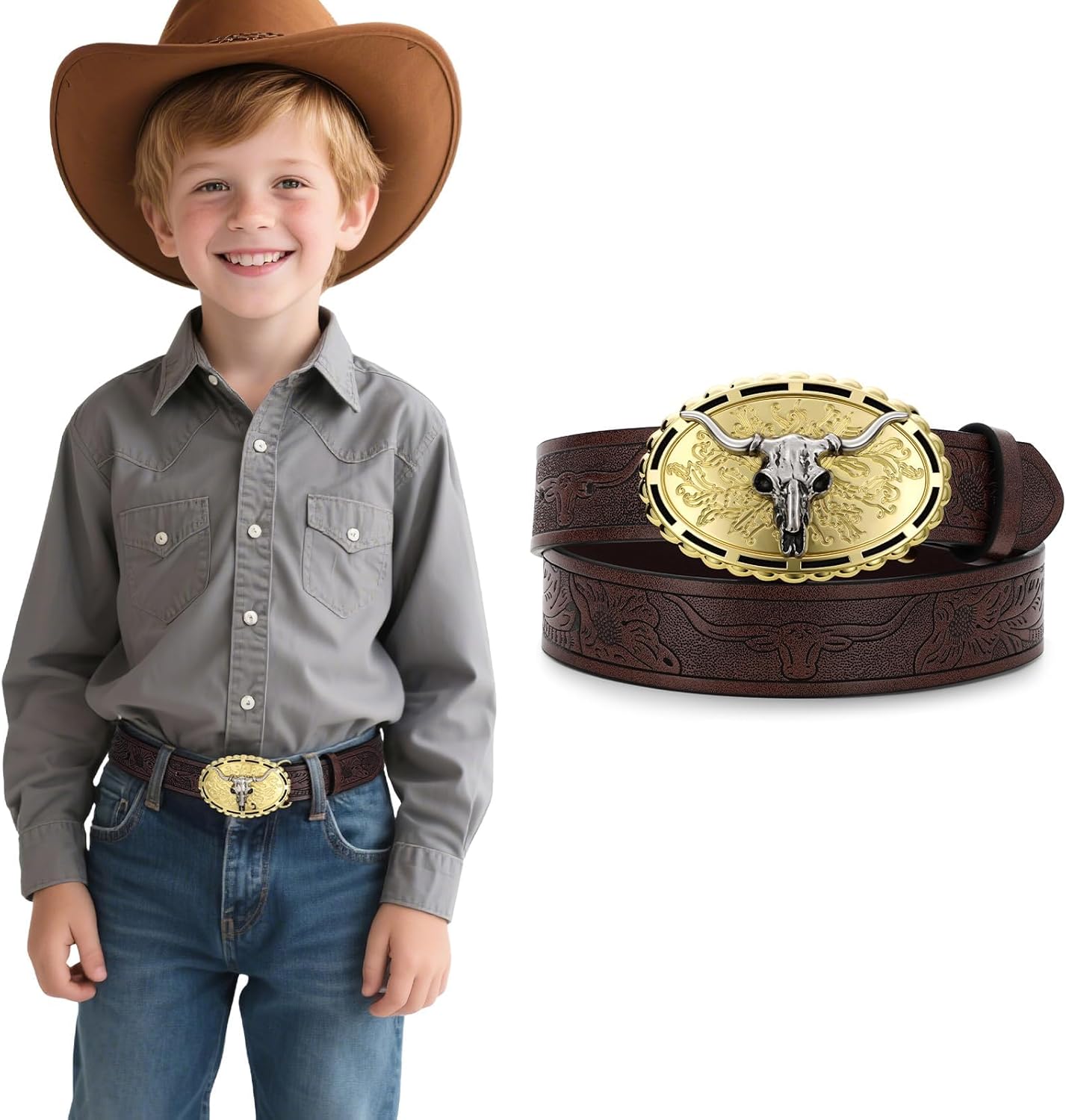 SUOSDEY Kids Western Cowboy Belt for Boys Girls,Toddler Cowgirl Embossed Leather Belt with Longhorn Bull Buckle