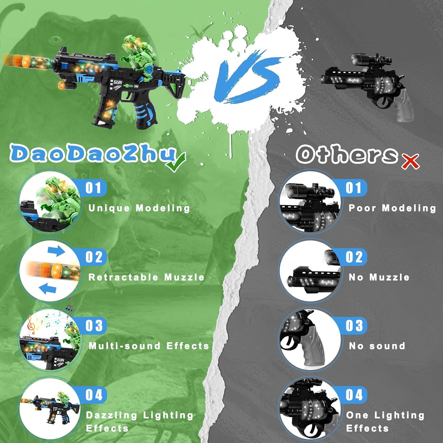 Dinosaur Light Up Toy Gun with Sound Effects, Noise-Making Gun Toys for Kids Indoor/Outdoor Play & Halloween Costume, Christmas Birthday Dinosaur Gifts for 3 4 5 6 7 Year Old Boys Toddlers - Image 4