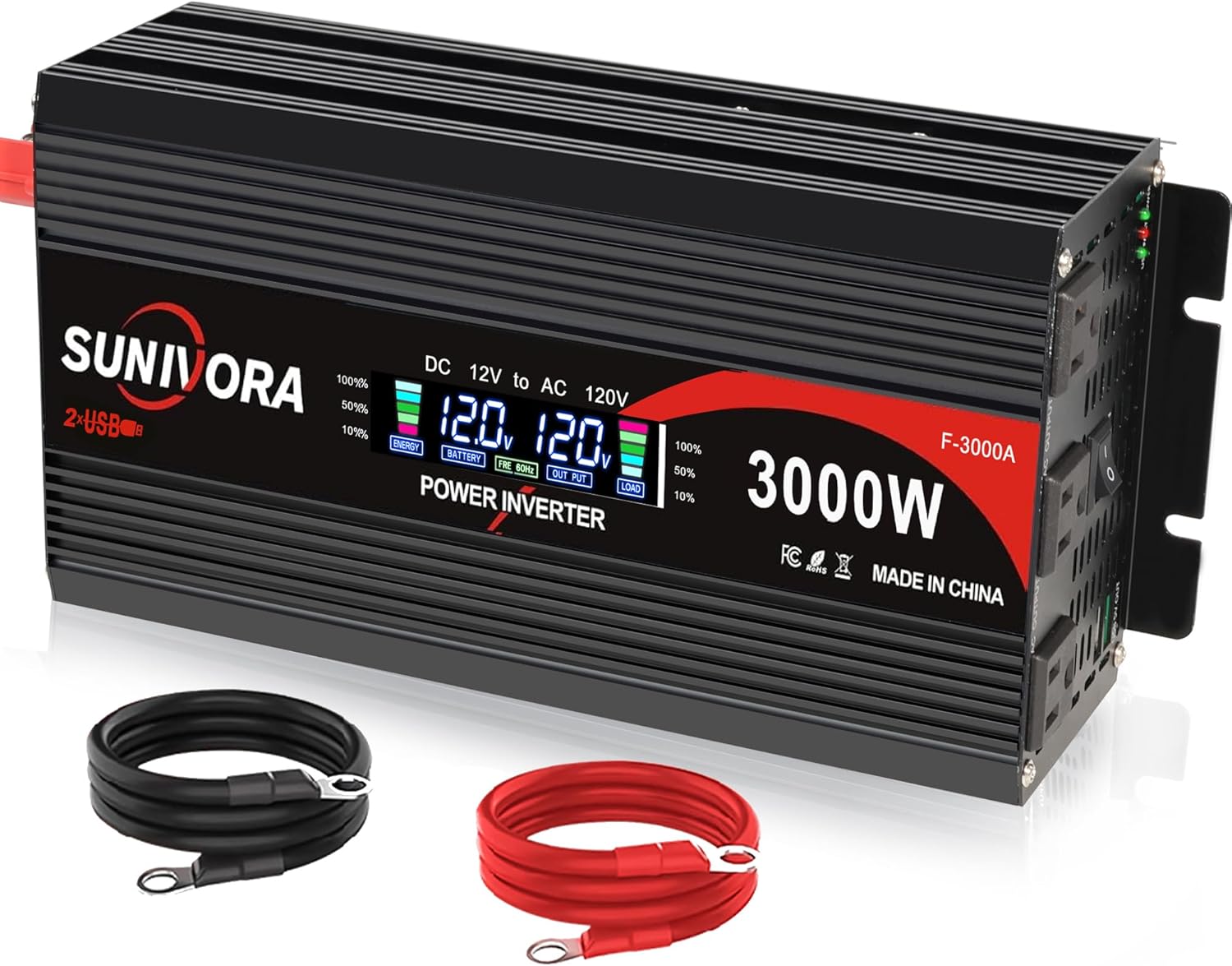 3000 Watt Energy Inverter 12V DC to 110V/120V AC Converter 6000W Peak with LCD Show, 3 AC Retailers & 2 USB Ports Energy Inverters for Autos Automotive Truck Boat RV Tenting Photo voltaic System EPS