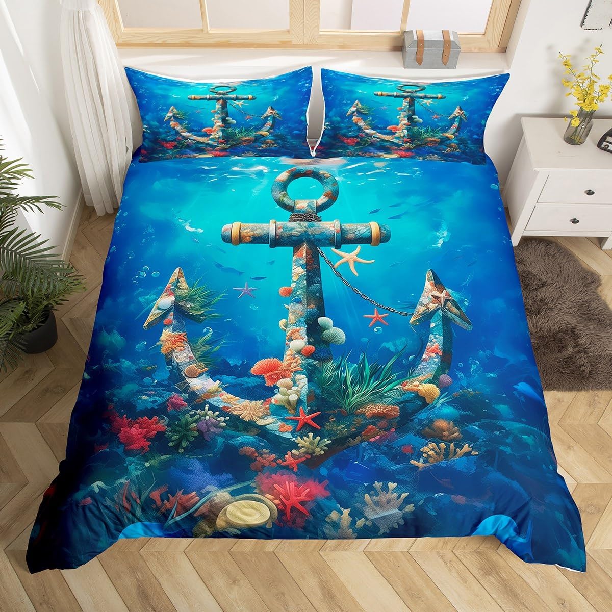 Vintage Anchor Duvet Cover Set Toddler Size Colorful Coral Seaweed Bedding Set for Kids Girls Boys Ocean Adventure Theme Comforter Cover Sailing Navigation Quilt Cover,1 Pillowcase(No Comforter)