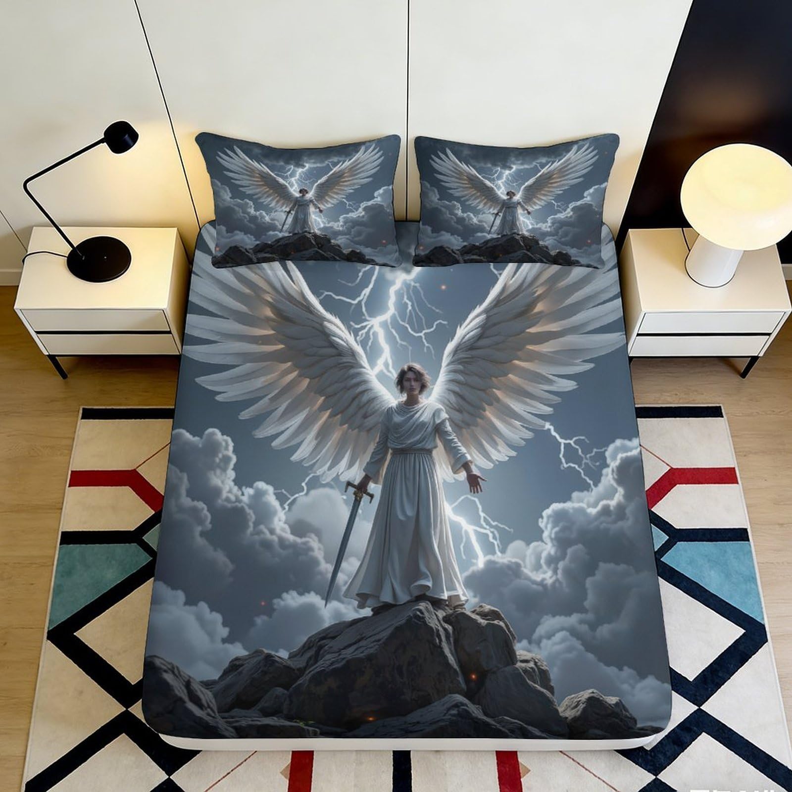 Uxinyoume Style-4 3D Printed Angel With Lightning Fitted Sheet Microfiber Soft Dark Clouds Bed Cover For Bedroom Dorm Mattress Decor 90X200x25cm