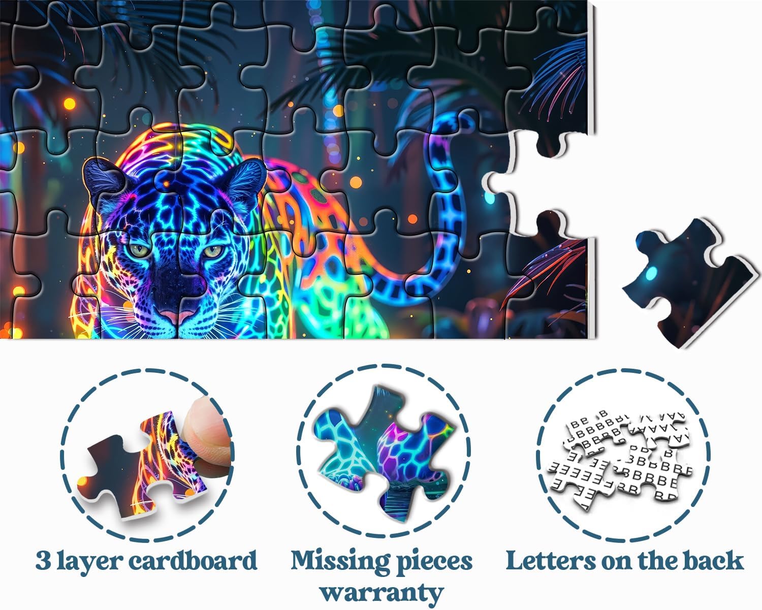 Wild Leopard Puzzles for Adults 1000 Pieces, Neon Jungle Forest Wildlife Jigsaw Puzzles, Colorful Hunting Animal Puzzle