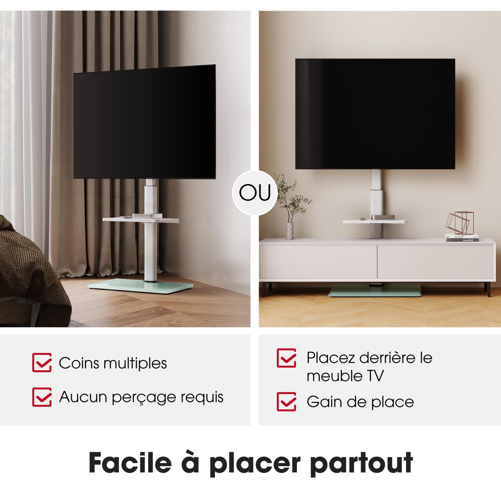 AOKCOS Support TV sur Pied pour TV de 32-70 Pouces,Pied TV avec Étagère Réglable en Hauteur Pivotant 60° et Inclinable 12°,Max. VESA 400x400 mm Max. Capacité 40 KG