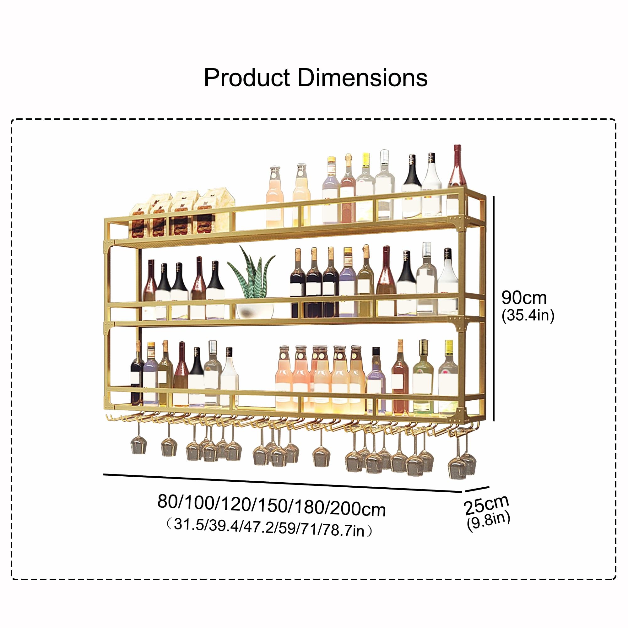 Portabottiglie da Parete Porta Bottiglie di Vino con Portabicchieri Scaffale da Parete per Cucina Sala da Pranzo Bar(Gold-3,100cm)
