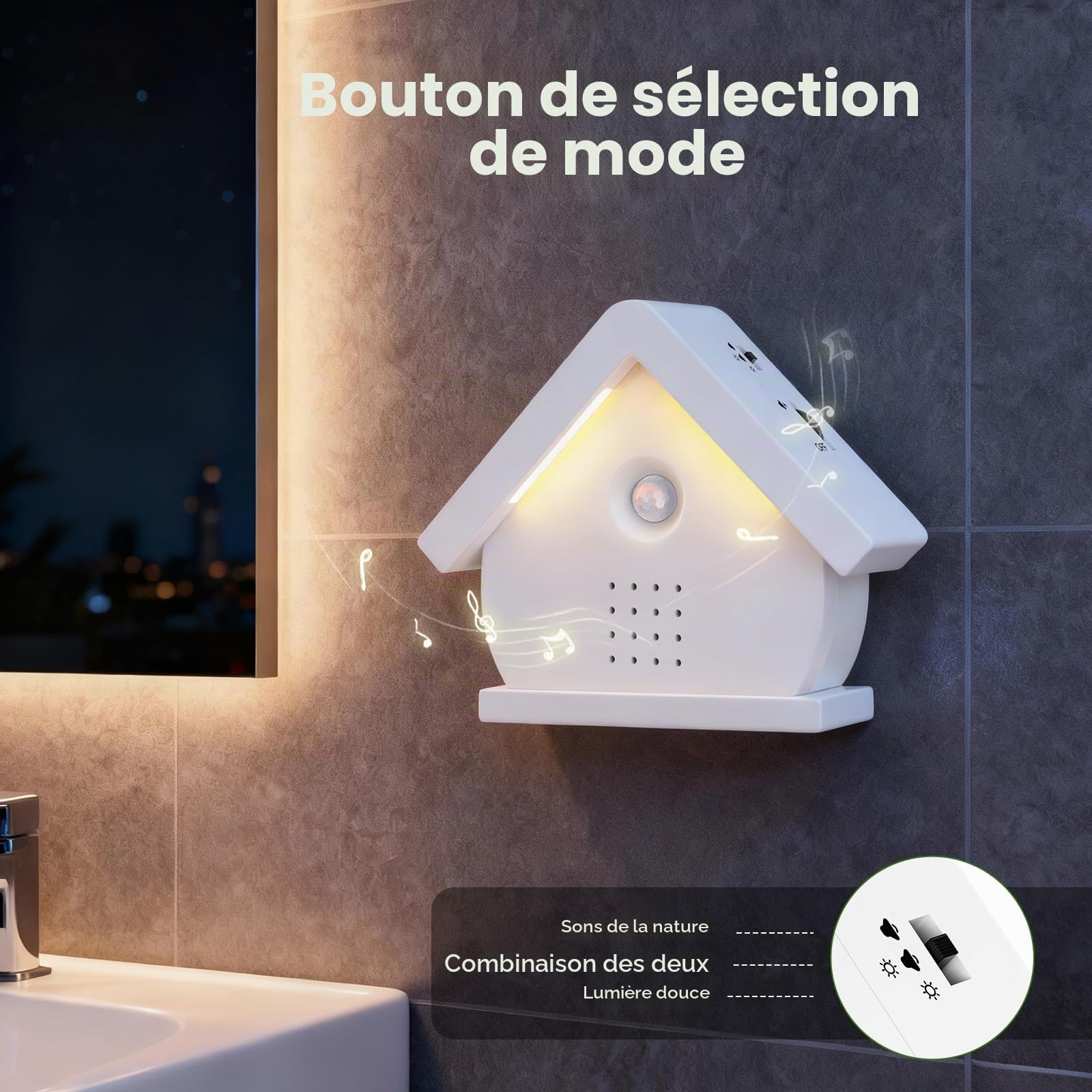 Boîte à Détecteur de Mouvement, Boîte à Chants d'oiseaux Boîte à Sons Naturels avec Lumières LED, Minuterie, 12 Chansons Apaisantes, pour Salle de Bain, Maison, Détente pour Adultes (White)