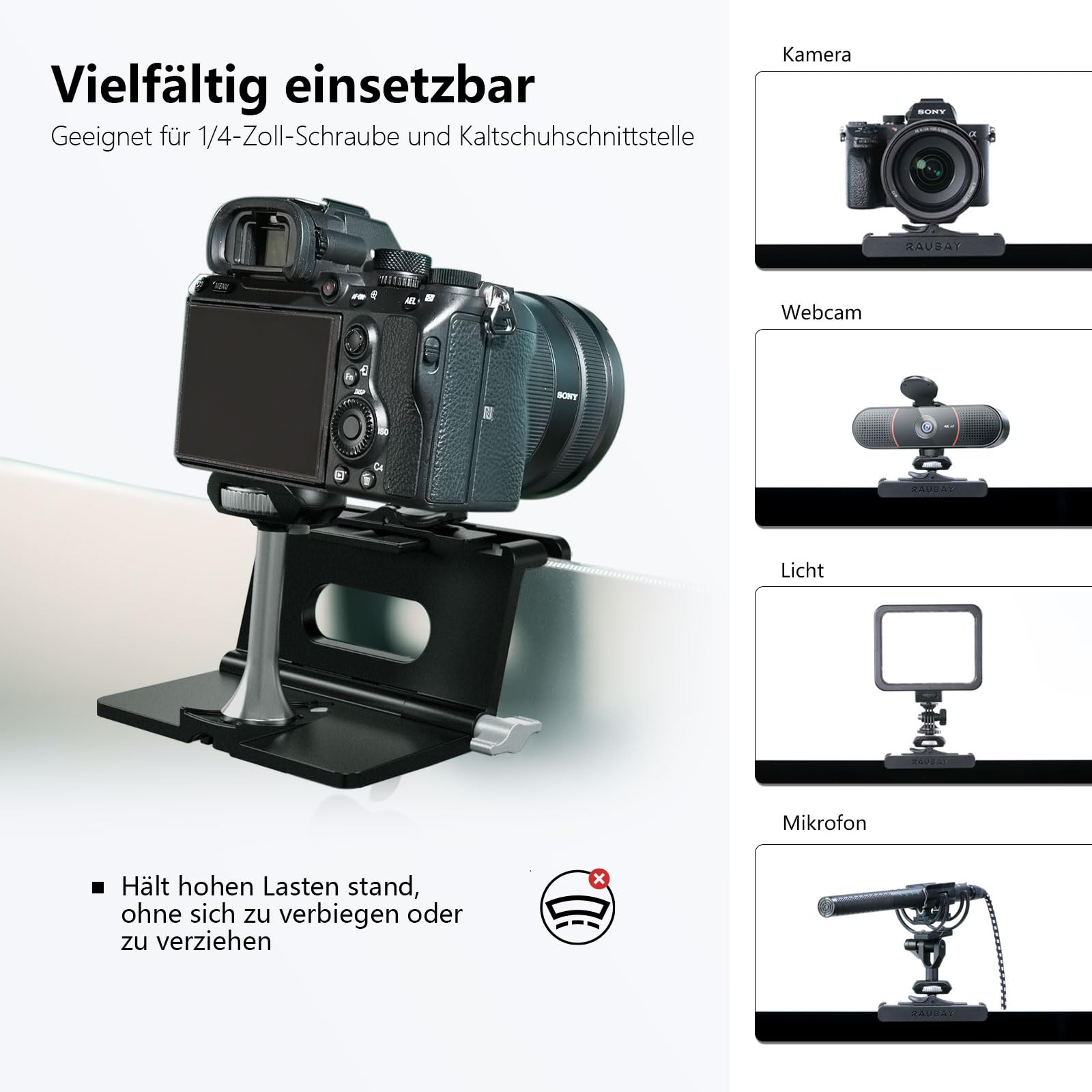 RAUBAY Monitor-Kamera-Halterungsständer, hängende Webcam-Klemme mit 1/4-Zoll-Schraube, MILC-Monitor-Oberseite für Live-Stream. Kompatibel mit gebogenen Monitoren, maximale Breite bis zu 3,5 cm