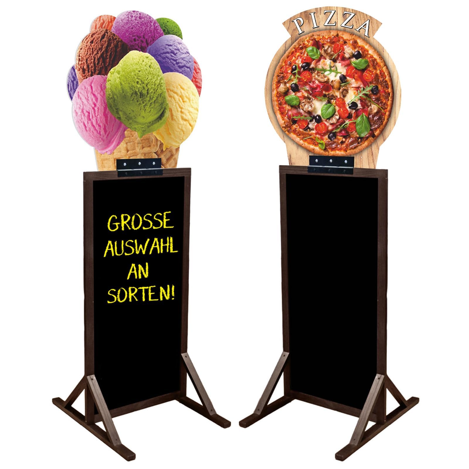 Dwustronny potykacz reklamowy 190 x 74 cm, wodoodporna tablica z ABS w brązowej ramie drewnianej do kawiarni, pizzerii i restauracji (1. Kolorowe lody)