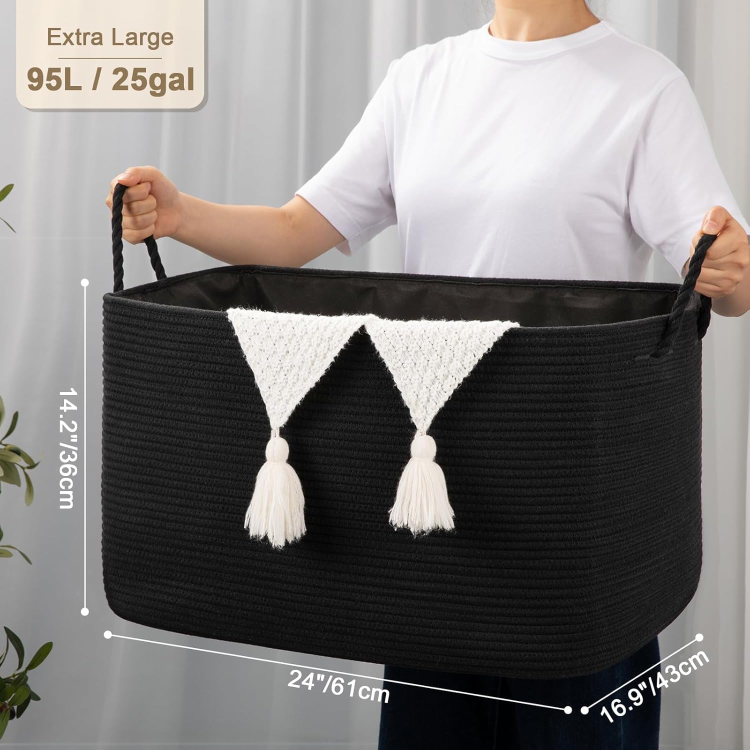 oiasket 95l extra large blanket basket with lid, 24" x 16.9" x 14.2" woven storage basket for living room, rectangle nursery blanket storage for toys, towels, dirty clothes, black black 1 24"x16.9"x14.2"