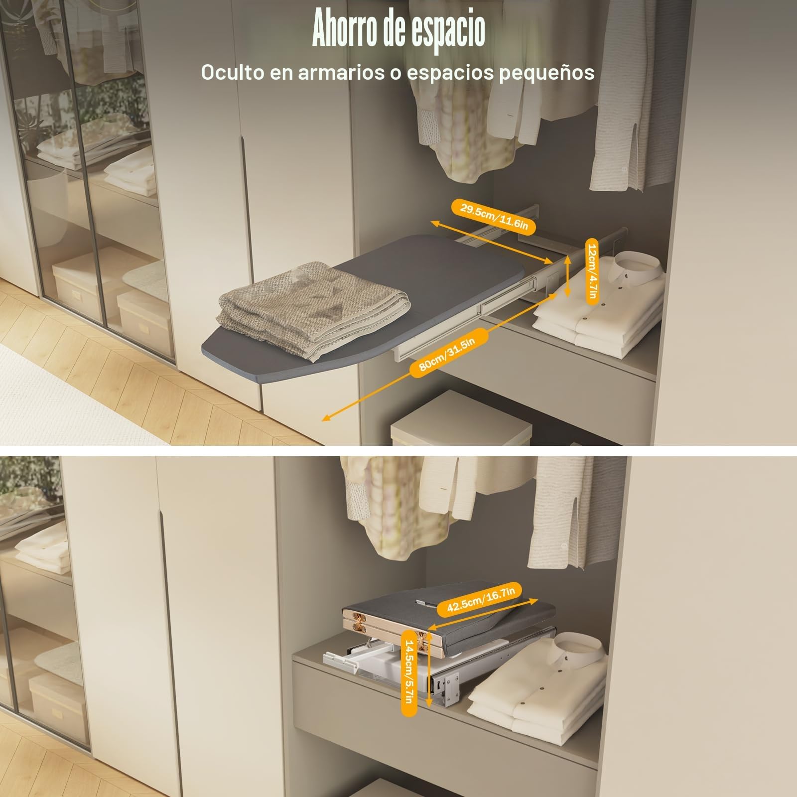 Tabla de planchar extensible, giratoria 180°, con funda resistente al calor, dimensiones del armario 57 x 45 x 17 cm, plegable para sobrecamisas Kleding