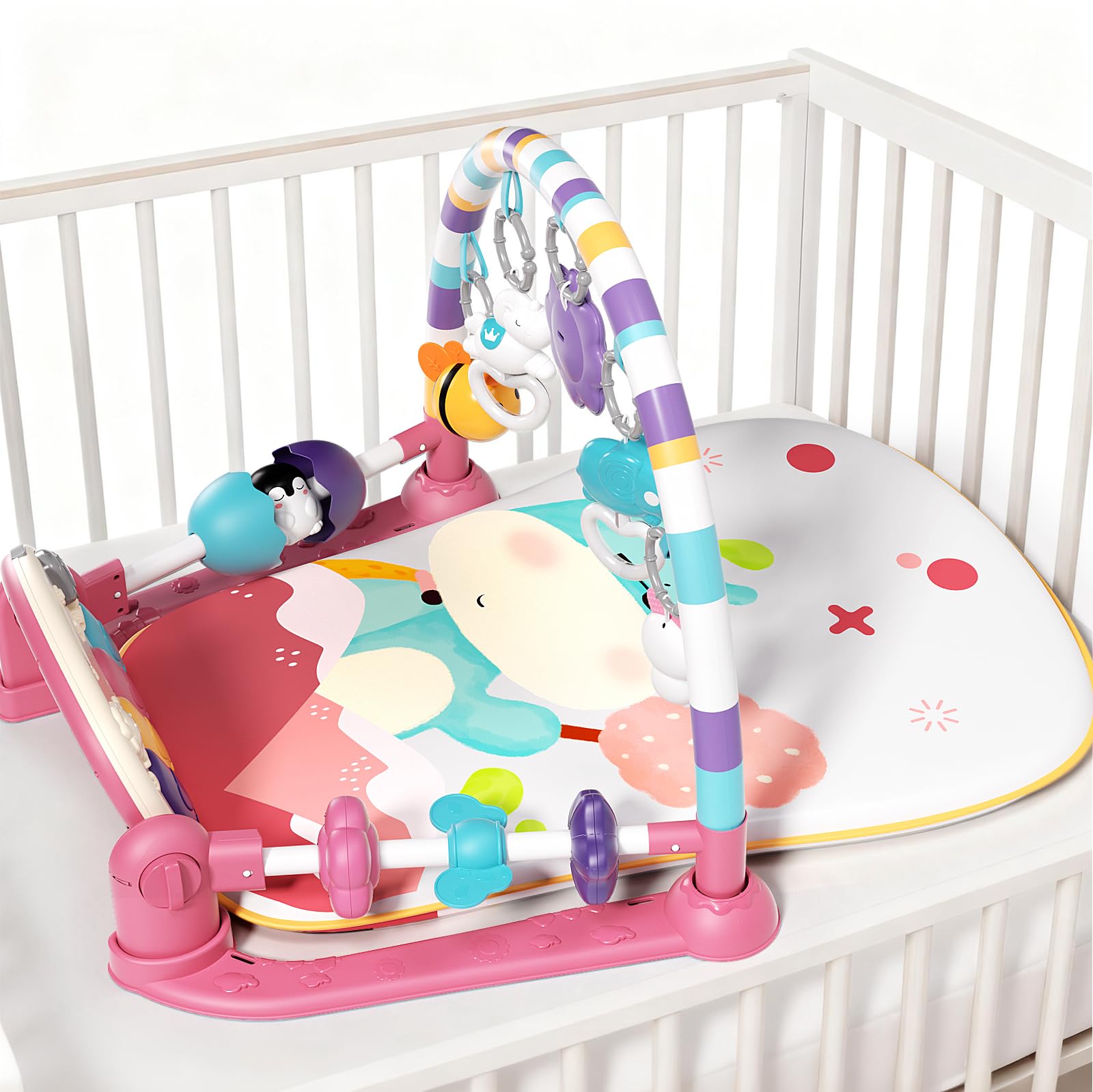 Jovow Tapis d'éveil Bébé avec Piano, Tapis de Rampement pour Bébé avec Lumières et Musique, Tapis de Jeu pour Bambine avec Arche de Jeu et Jouets Amovibles, Cadeau pour bébé de 0 à 36 Mois
