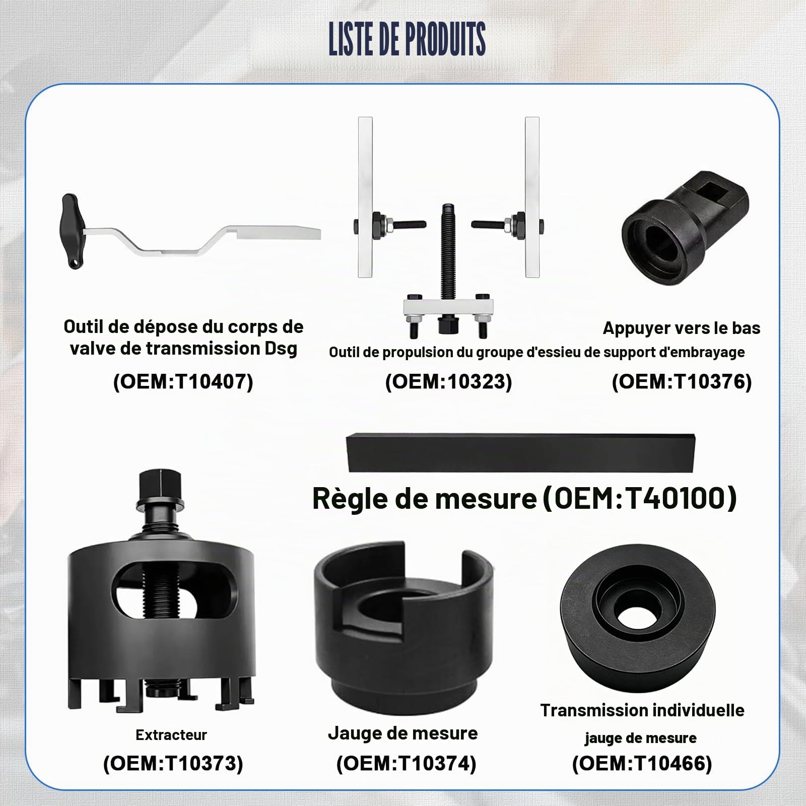 Ensemble d'outils pour transmission à double embrayage Compatible avec Audi VAG VW 7 vitesses DSG, montage et démontage de l'embrayage T10323 T10373 T10376 T40100 T10407 T10466
