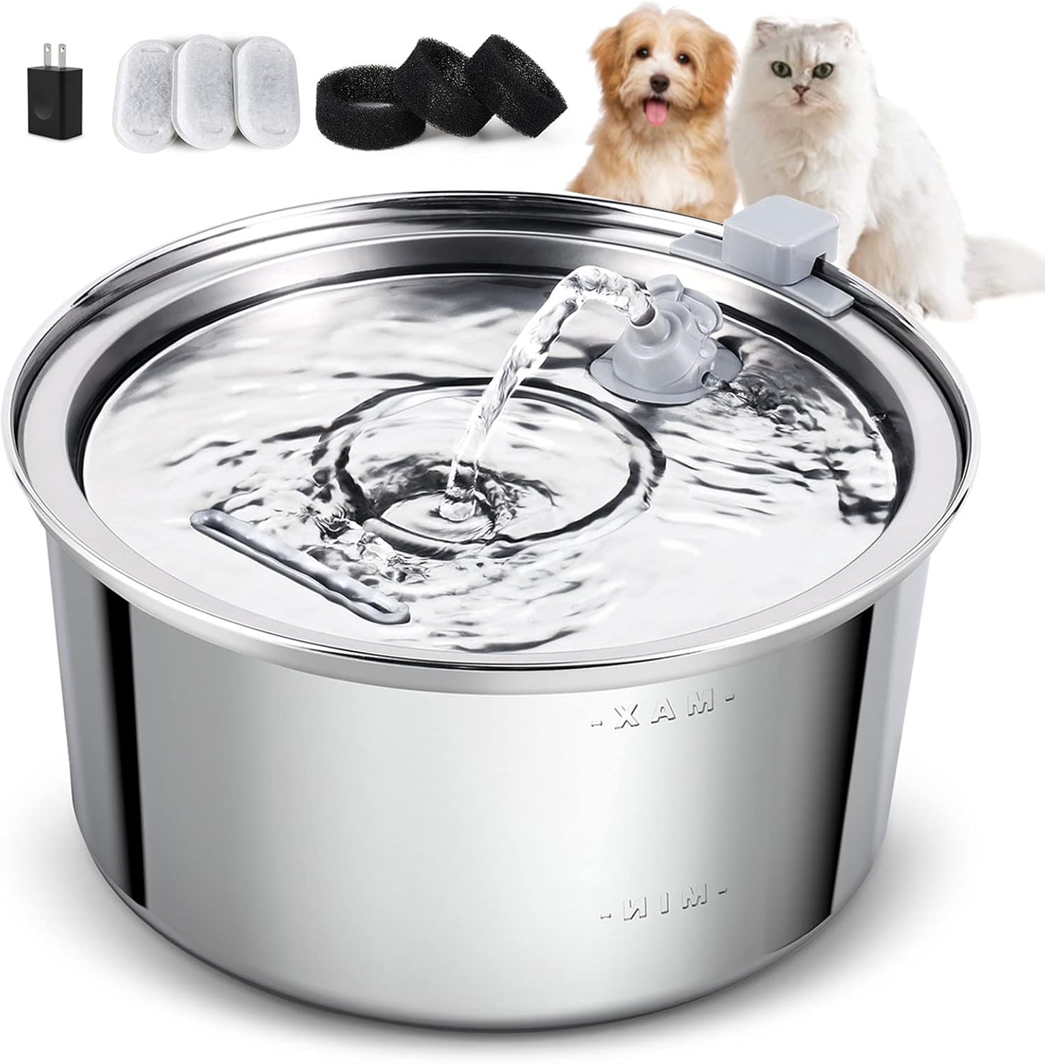 Cat Water Fountain Stainless Steel,3.2L/108oz Automatic Pet Fountain Dog Water Dispenser,Ultra Quiet Pump with 3 Replacement Filters for Cats, Dogs, Multiple Pets