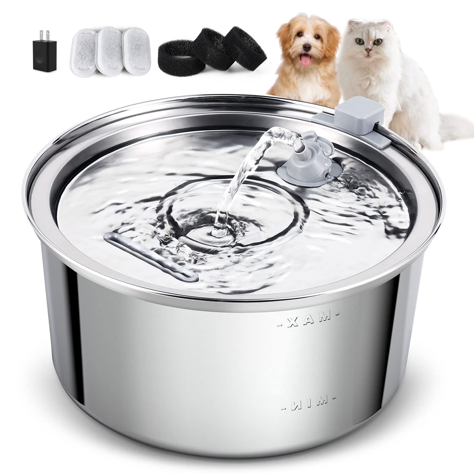 Cat Water Fountain Stainless Steel,3.2L/108oz Automatic Pet Fountain Dog Water Dispenser,Ultra Quiet Pump with 3 Replacement Filters for Cats, Dogs, Multiple Pets