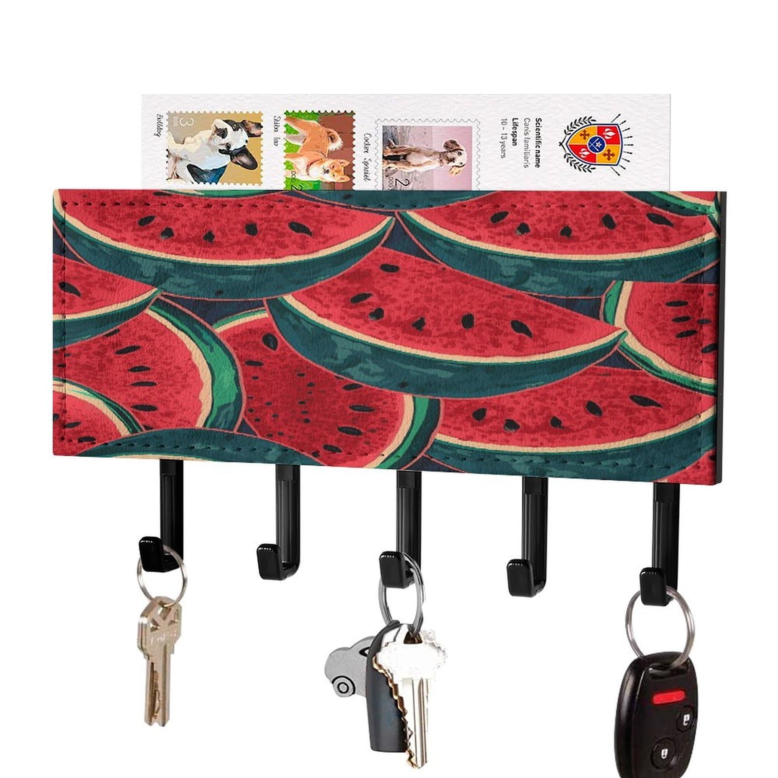 FekiLoot Red Watermelon Key Holder for Wall Decorative Mail Organizer with 5 Key Hook Self Adhesive Key Rack with Tray Coat Rack Wall Mount Key Hanger Decor for Entryway Door