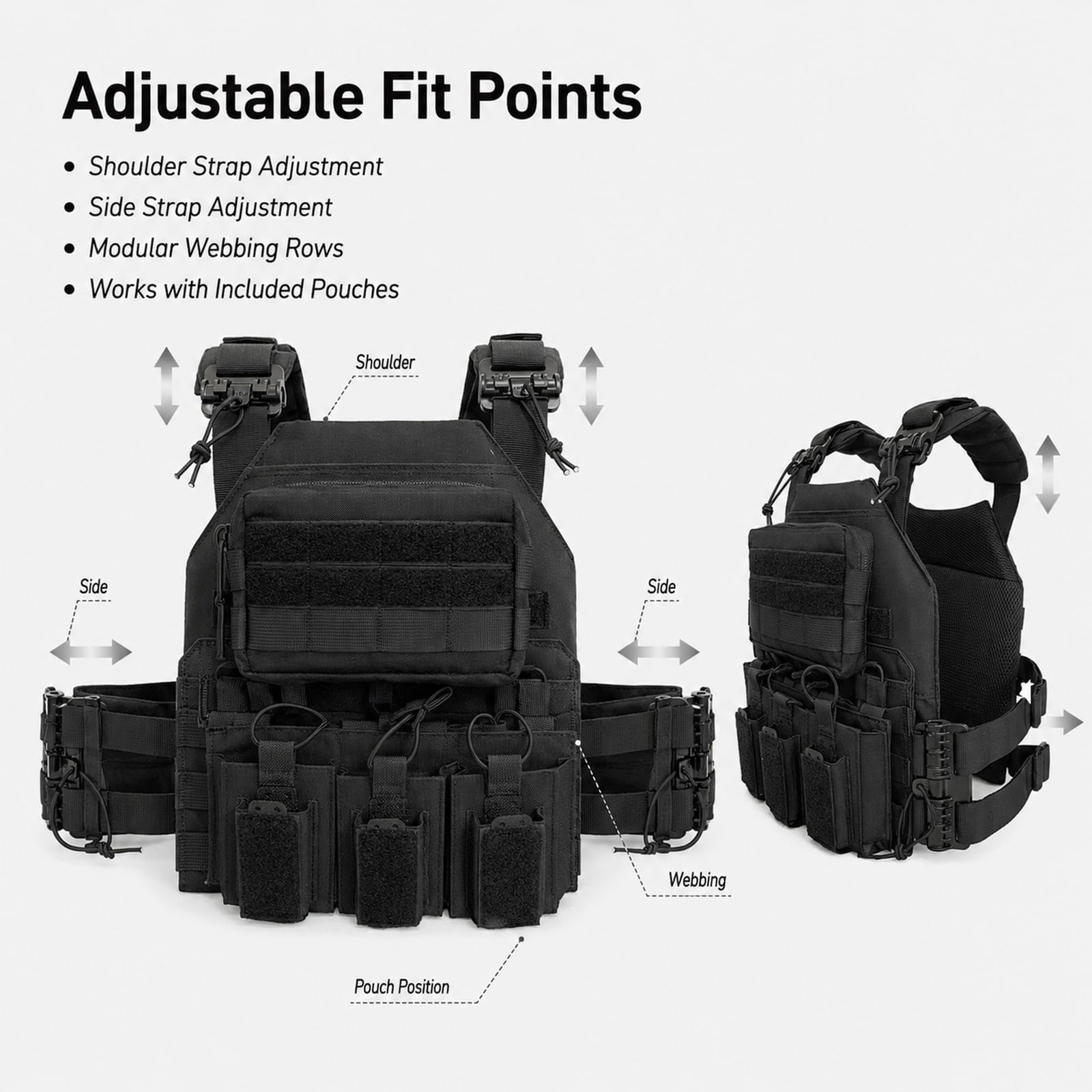Genérico Arnes de Carga Modular Kit, Chaleco de Pecho Airsoft Ajustable | Incluye Base Bolsa Triple Bolsa Cuadrada Pequena Bolsa Smartphone Bolsa Radio y Bolsa Trasera de Carga Utilidades