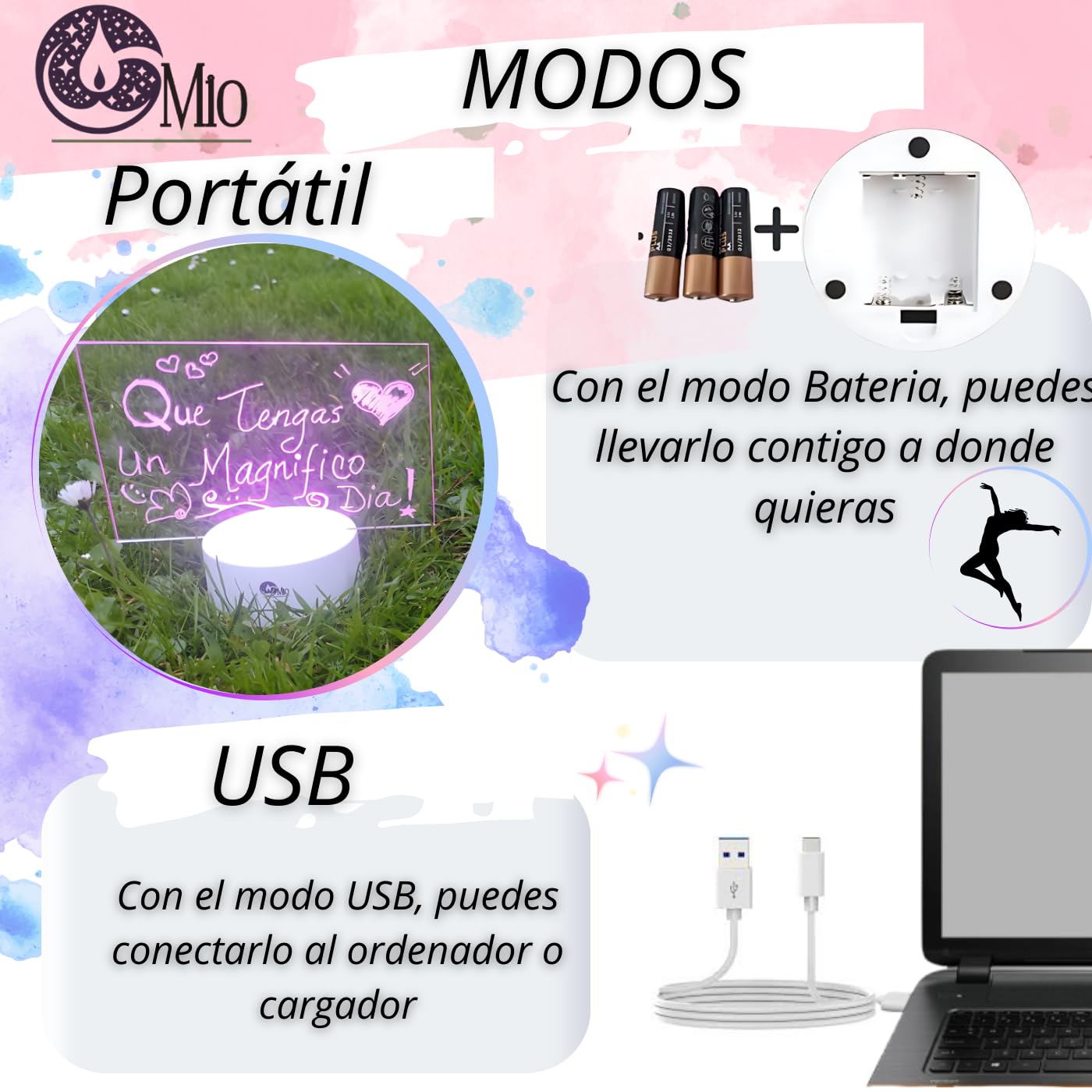Pizarra LED Luz de Notas Inalámbrico - Tablero Acrílico Portátil Luminoso 16 Tonos de Luz - Decoración