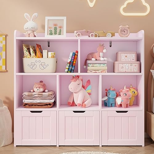 Gizoon Gabinete de almacenamiento de juguetes y estantería para niños con 3 cajones móviles y 6 estantes abiertos con barrera de prevención de