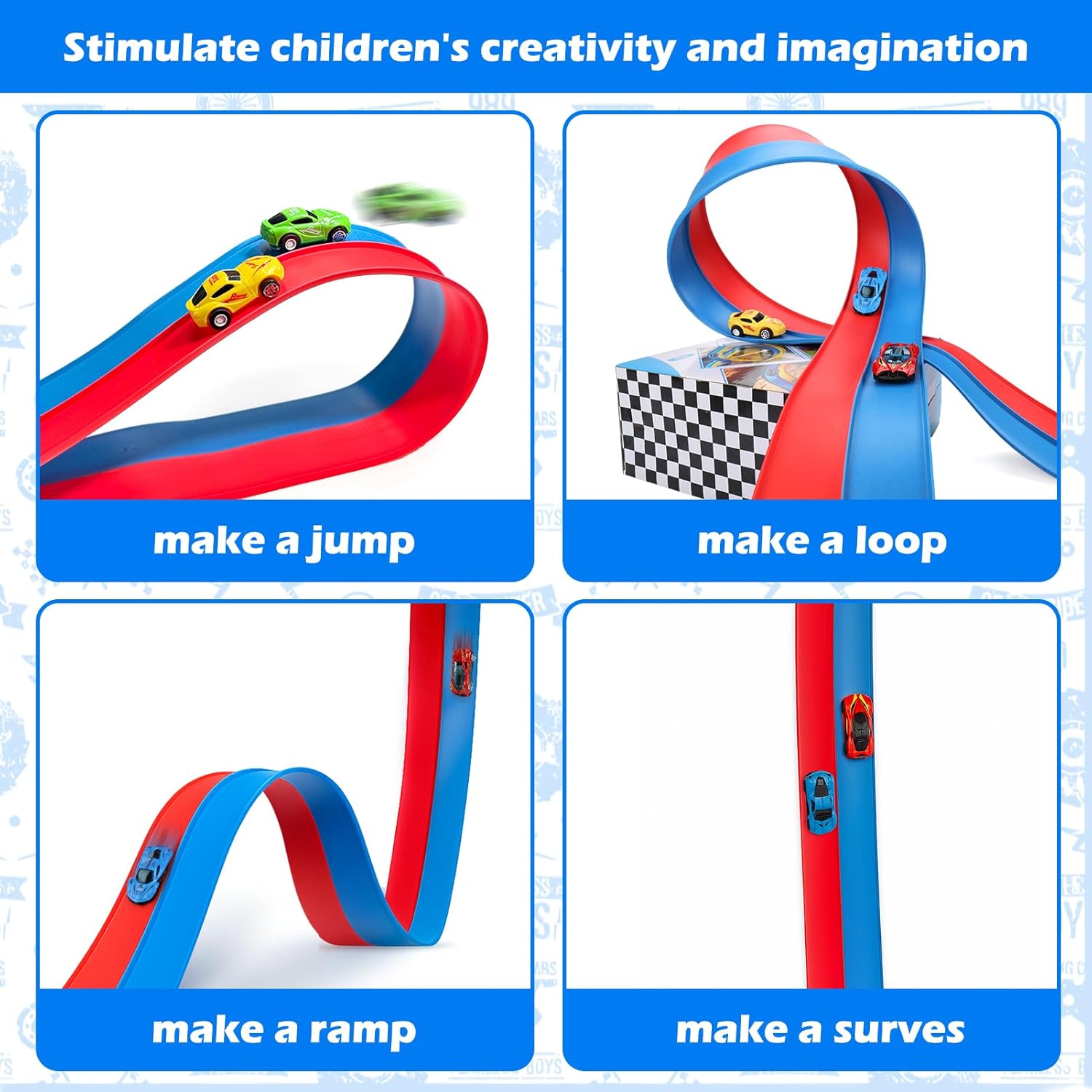 Flexible Race Track for Kids, Car Track Set for Hot Wheels Cars with Adhesive Pads, 2 Pull-Back Cars, 2 Alloy Racers & Bendable Car Ramp for Toddlers, Easy Storage, Indoor Ramp Fun for Ages 3–8