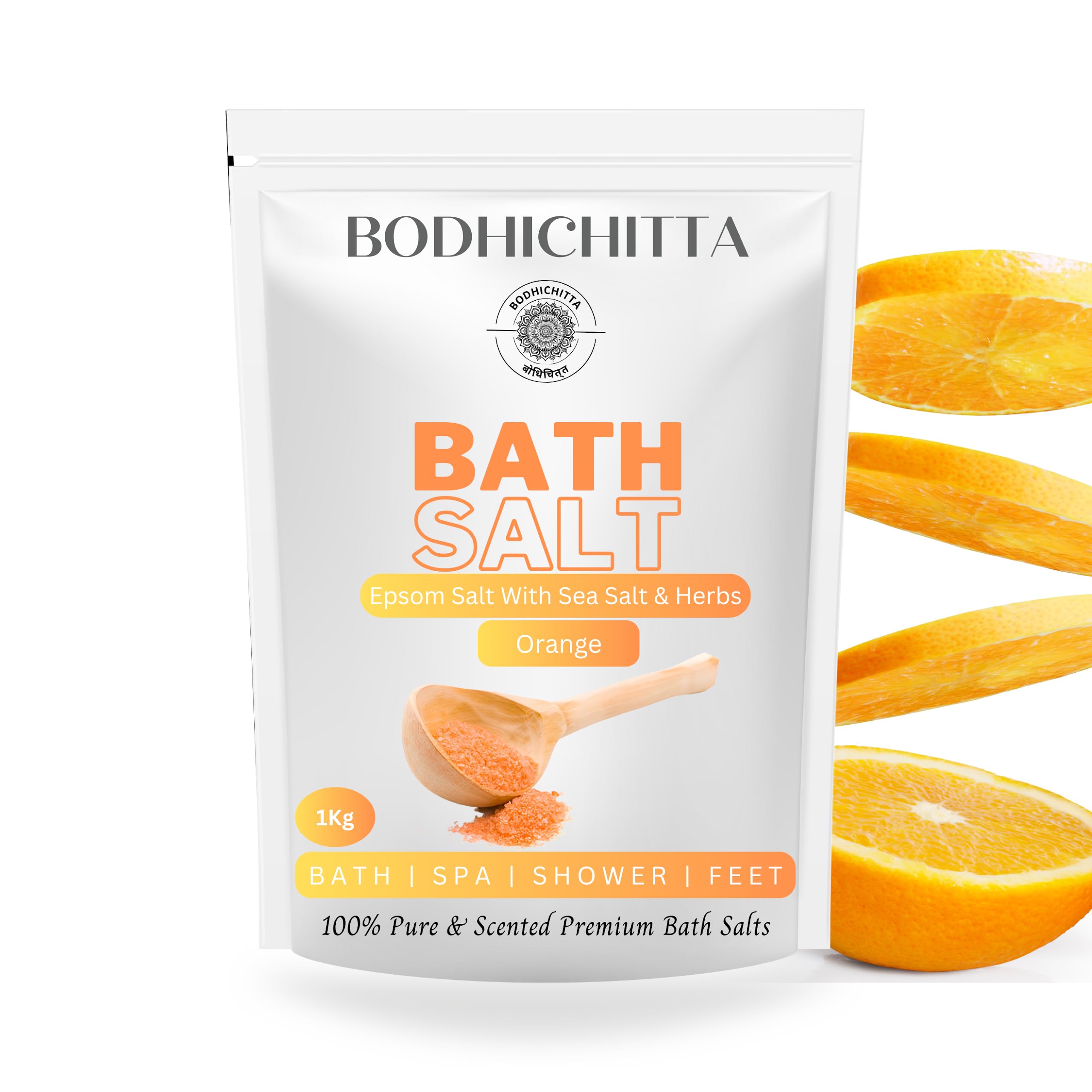 BODHICHITTA Orange Scented Bath Salt for Body & Foot Spa, Calming, Relaxing, Muscle Pain Relief, Aromatherapy | Pure & Natural | Sea Salt, Orange Essential Oil & Vitamin E, 1kg