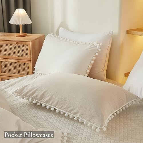 Miniatura 7 de Bedbay Juego de funda de edredón bohemia tamaño individual, diseño de casa de campo con bonito pompones, decoración estética de habitación para