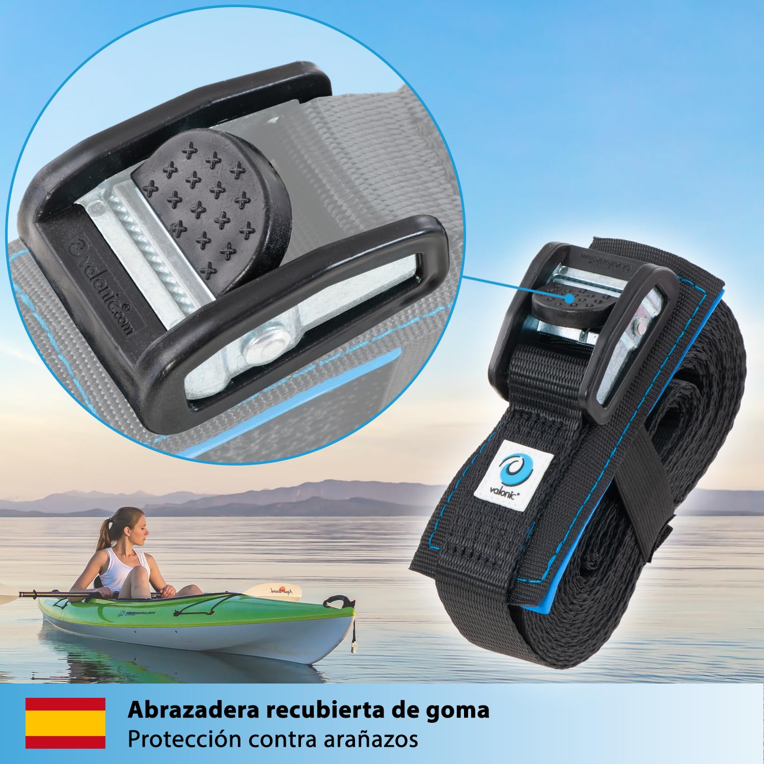 valonic Dolphin - 2X 6m XL cincha de Amarre con Cierre de apriete, 35mm, 800 Kg, Acolchada, EN-12195-2 - Negro, Correa de Amarre para Tabla de Paddle Surf o Kayak