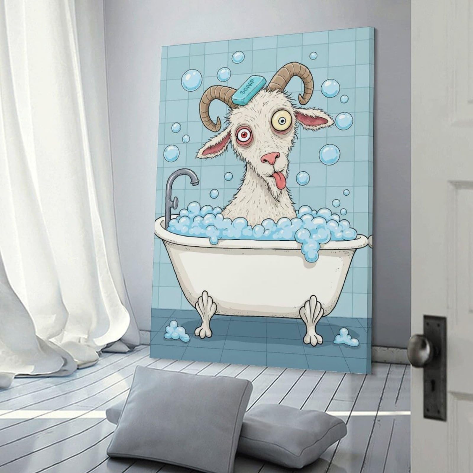 Junmoney Goat in Bathtub with Soap(2) Canvas Art Print, 20x30inch(50x75cm), for Wall Displays, Bedrooms Or Room Updates, Home Wall Art for Statement Displays