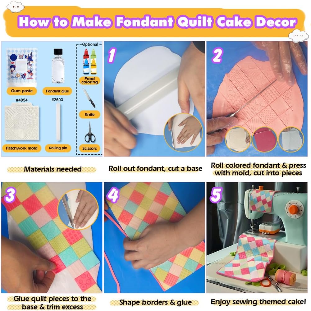 Fondant Patchwork Quilt Mold with 15 Textures for Cake Decorating Clay Crafts