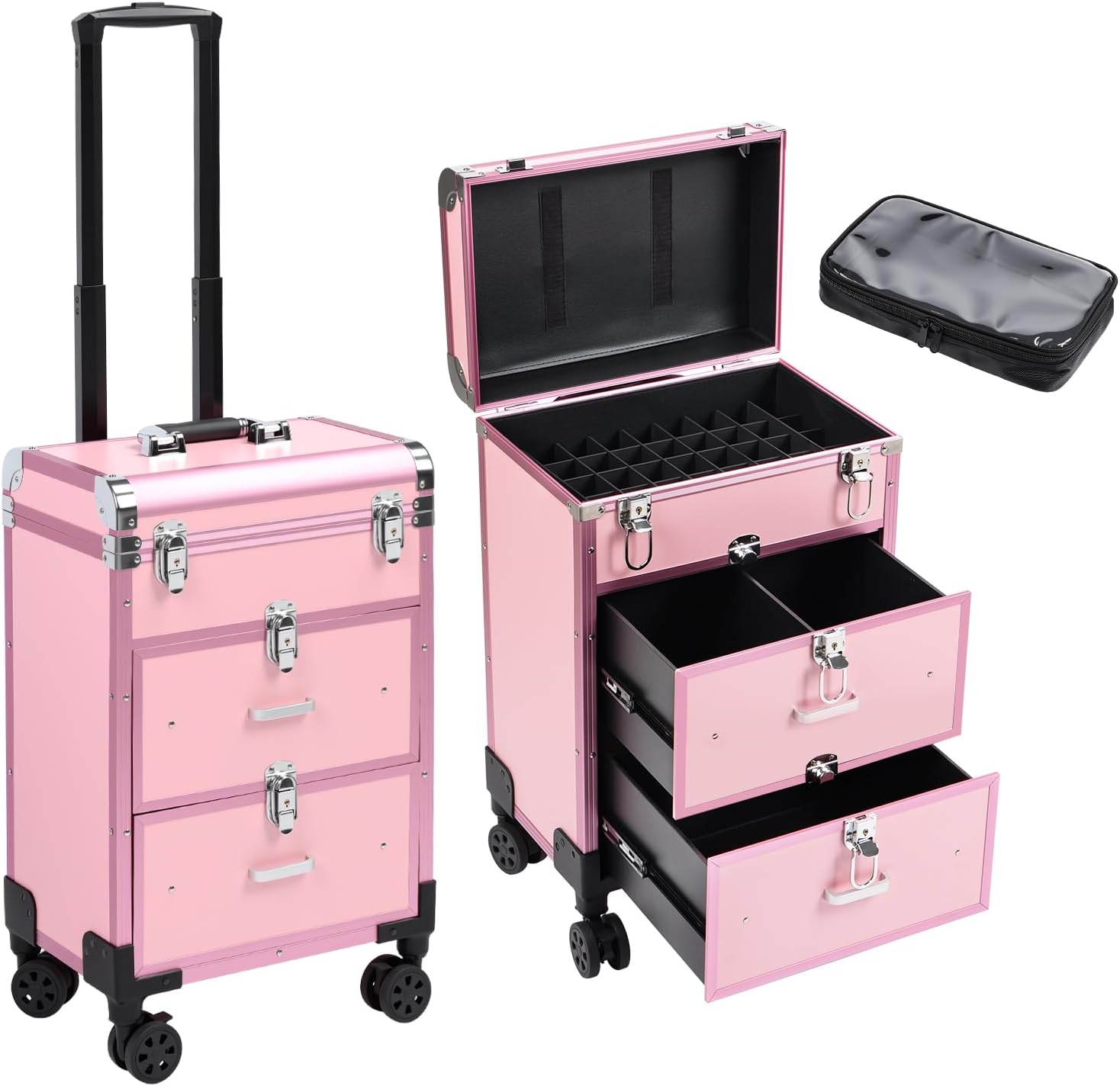 3 in 1 Rolling Makeup Case, Professional Cosmetology Case on Wheels, Detachable Clear Makeup Bag & Nail Polish Organizer, Portable Makeup Trolley with Drawers for Makeup Artists & Nail Technicians - Image 9
