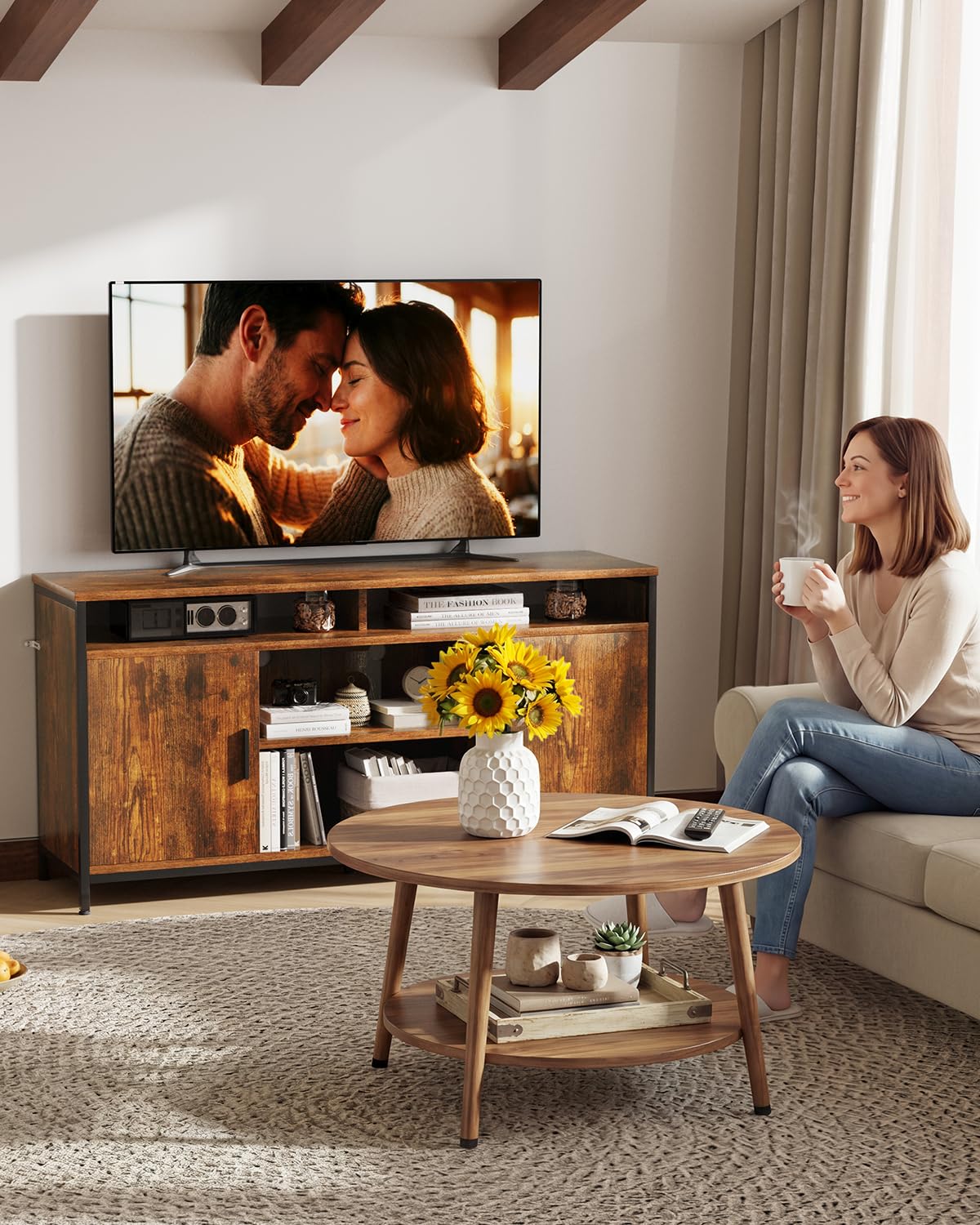 ELUCHANG Mueble de TV, Mesa de TV para Salón, con Estantes Ajustables, para Televisores de hasta 65 Pulgadas, Estilo Industrial, 140 x 40 x 71 cm, Marrón Rústico y Negro