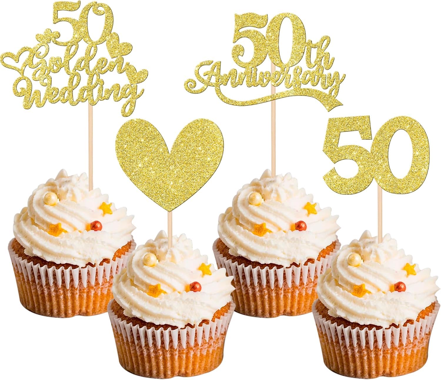 24 Stück 50 Golden Wedding Tortendeko 50th Anniversary Cupcake Toppers Glitzer Herz 50 Kuchen Deko für Gruß auf 50 Jahre Gesegnete und Geliebte Hochzeit Jahrestag Party Kuchen Dekorationen Gold