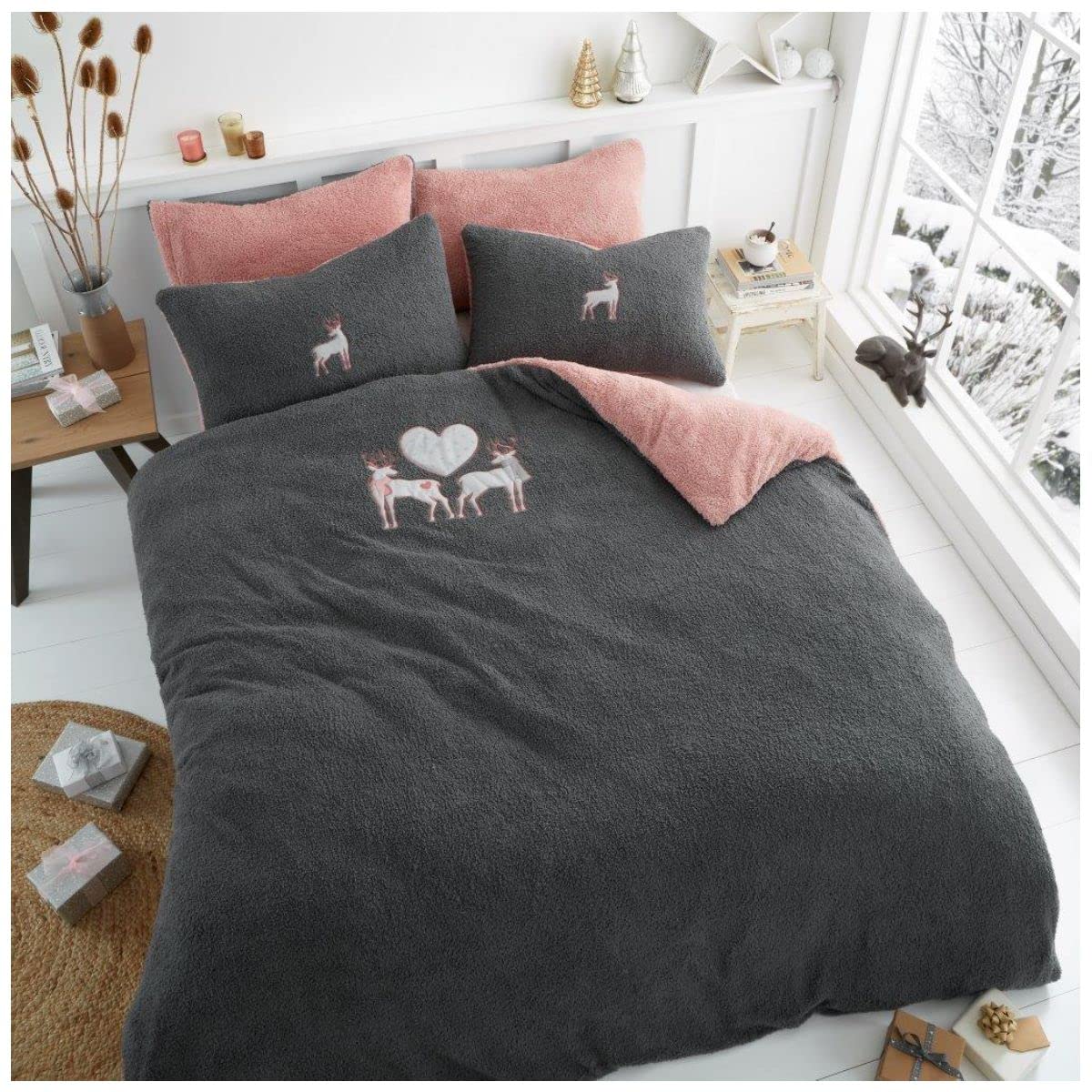 GC GAVENO CAVAILIA EMB Stag Duvet Set, Soft & Cozy Teddy Fleece Bedding Sets, Thermal Warm Fluffy Sherpa Duvets Double, Grey, Grey