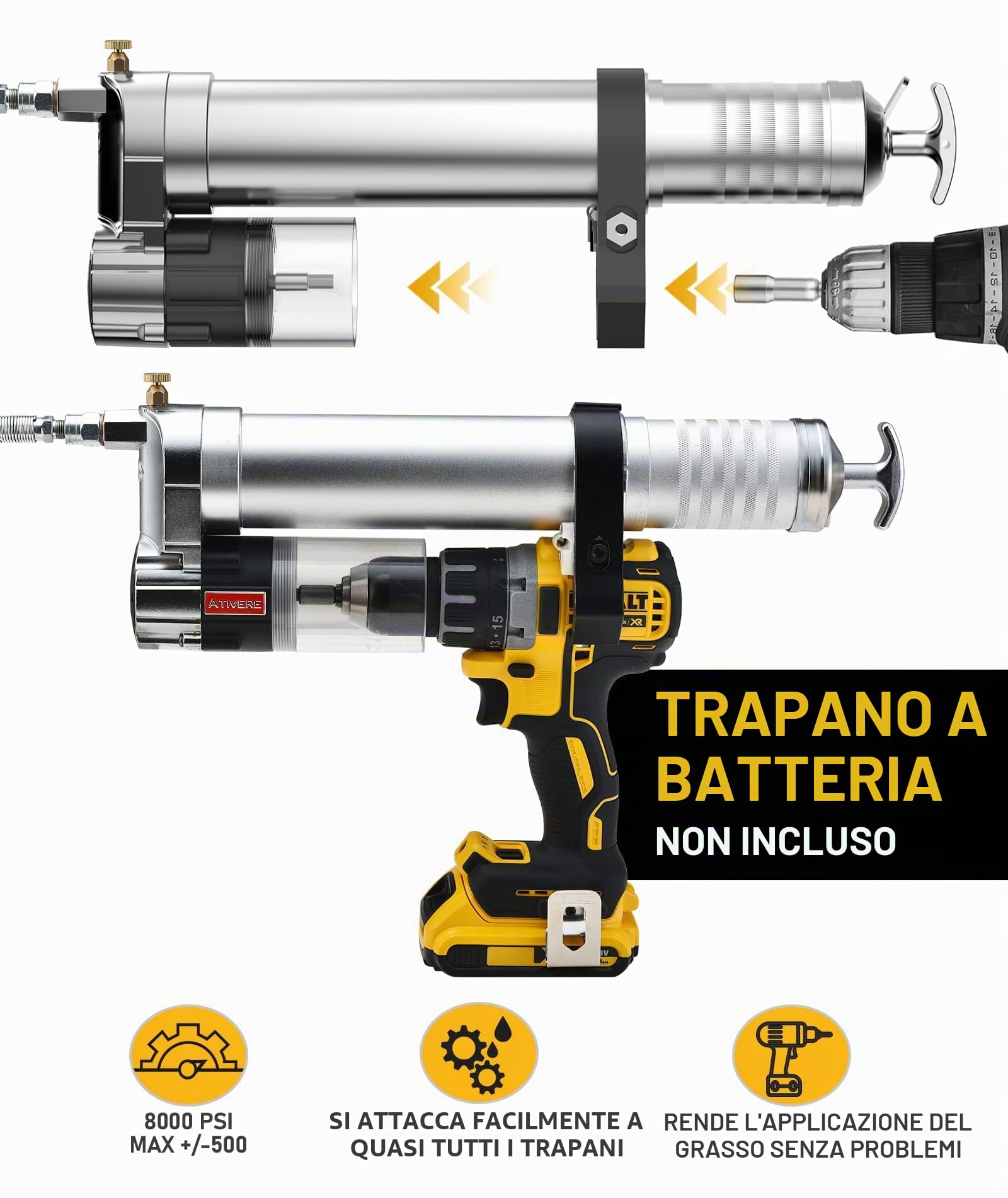 Adattatore per Trapano Elettrico per Pistola a Grasso con carico da 414 g, accoppiatore per Pistola a Grasso bloccabile, Tubo ad Alta Pressione da 30,5 cm, Tubo di prolunga Rigido, Strumento
