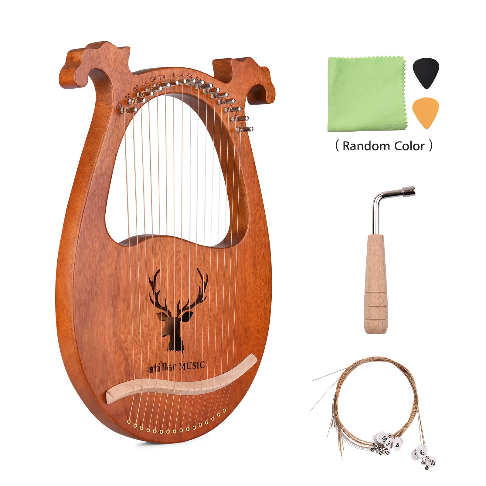 Jeffergarden Arpa de Lira de 16 Cuerdas, Instrumento Musical de Madera Maciza con Patrón de Alce, Símbolos Fonéticos Tallados, Martillo de Afinación y Juego de Repuesto de Cuerdas, para