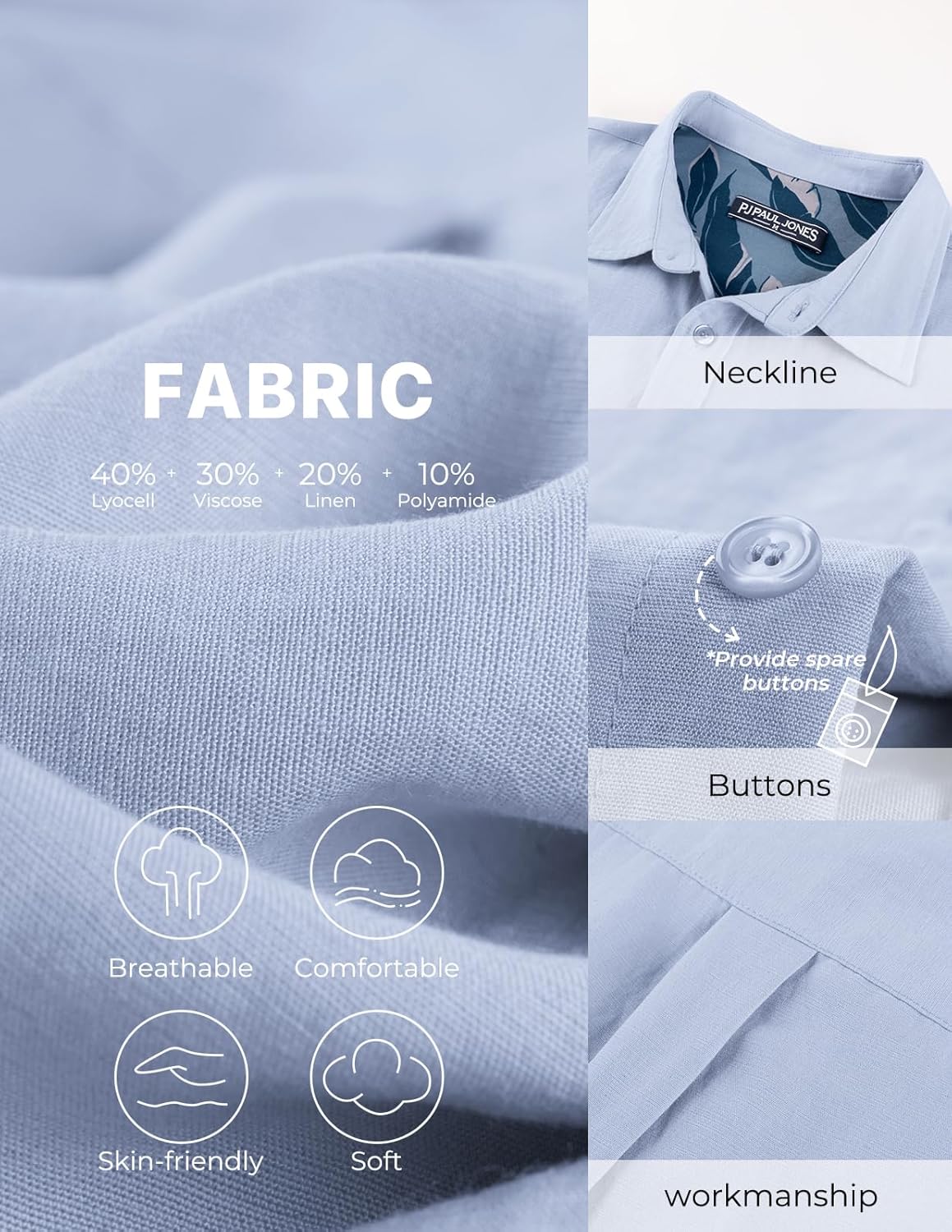 PJ PAUL JONES Men's Casual Button Down Shirts Long Sleeve Linen Beach Wedding Shirt Summer Vacation Shirt for Men - Image 3