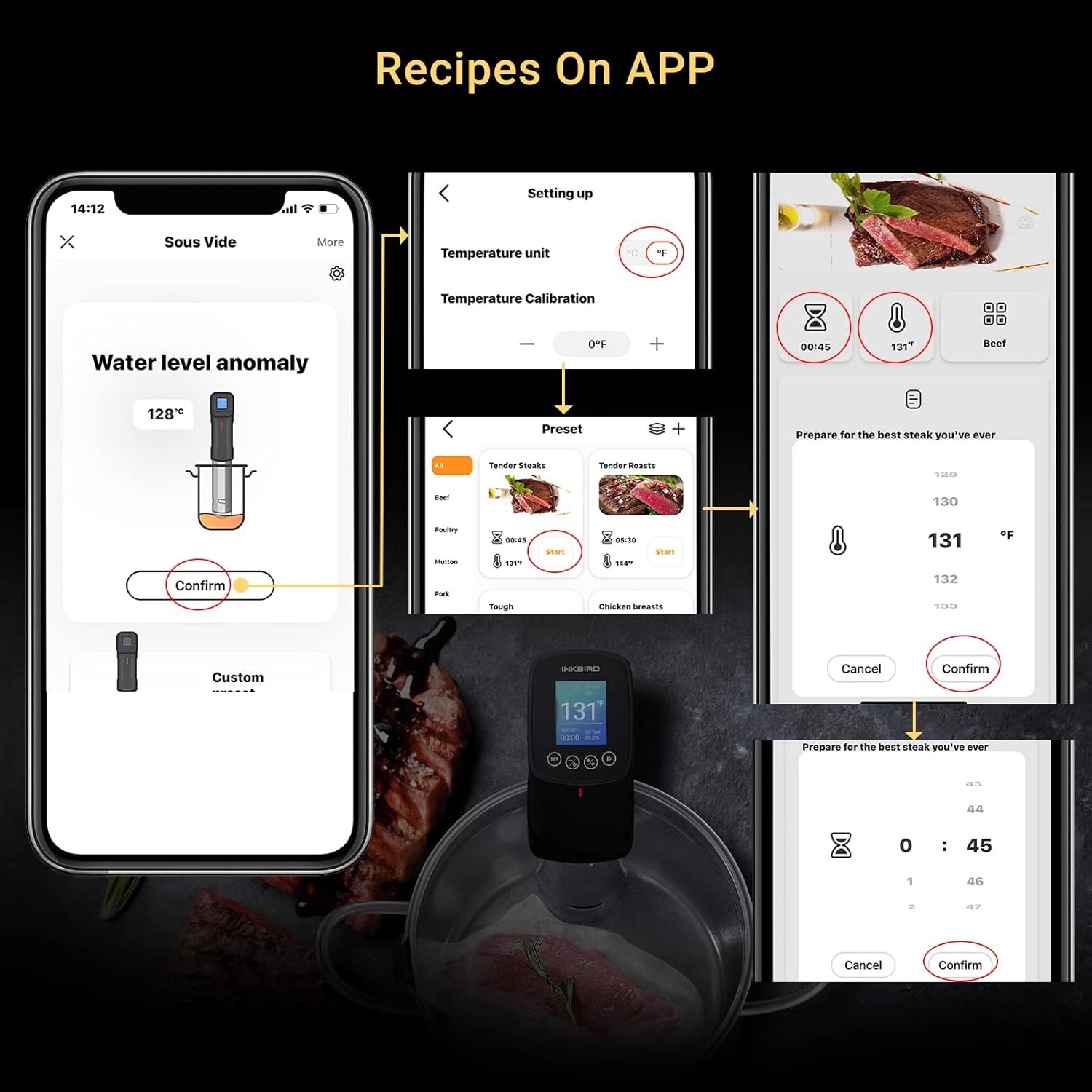 INKBIRD Sous Vide App interface showing recipes and controls