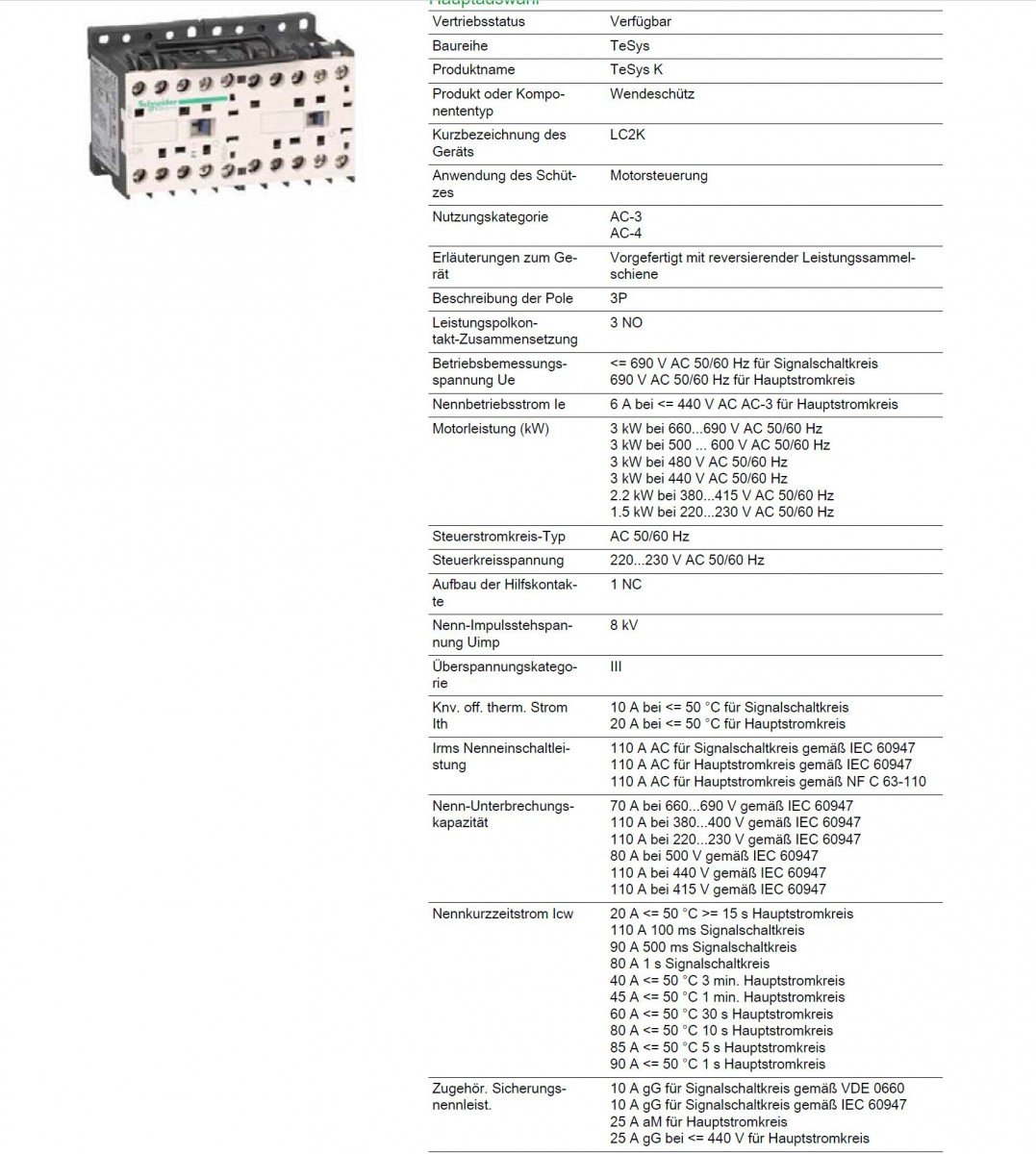 Schneider Electric LC2K0601M7 TeSys K Contactor Inversor 3P - AC-3, 440 V 6 A, Bobina 220-230 V CA