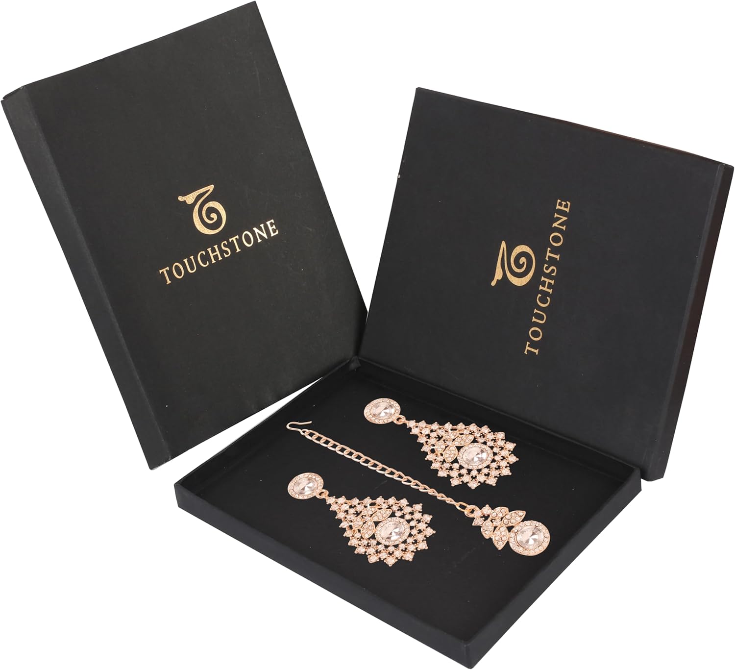 Touchstone Indian Jewelry Earrings maang Tikka Set for Women Head tika Forehead Hair Piece Combo Wedding Guest Gold Silver Chandelier Bollywood Style Bridal White Stone Simple Headpiece Accessories