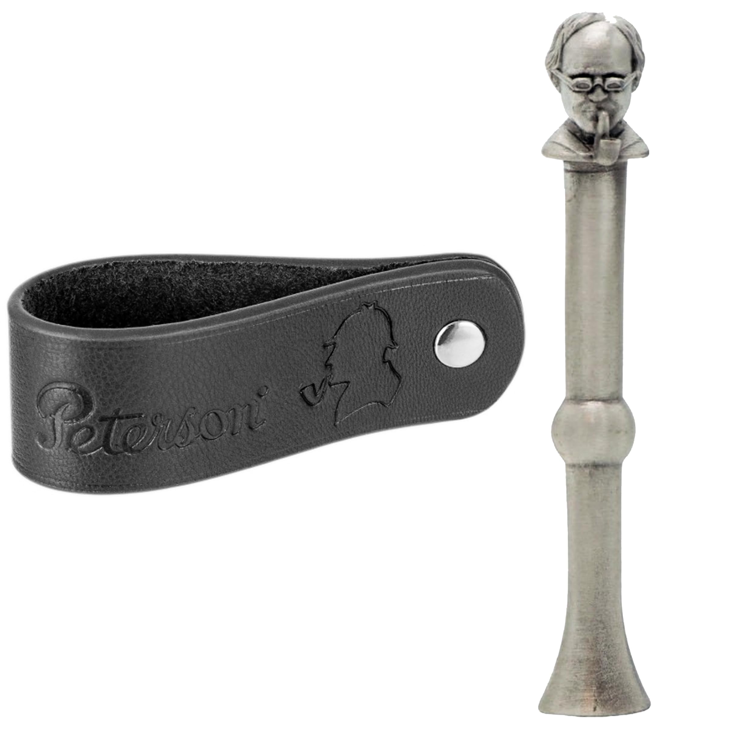 Peterson Pipes - Thinking Man Pewter Tamper + Black Sherlock Holmes Genuine Leather Pipe Stand